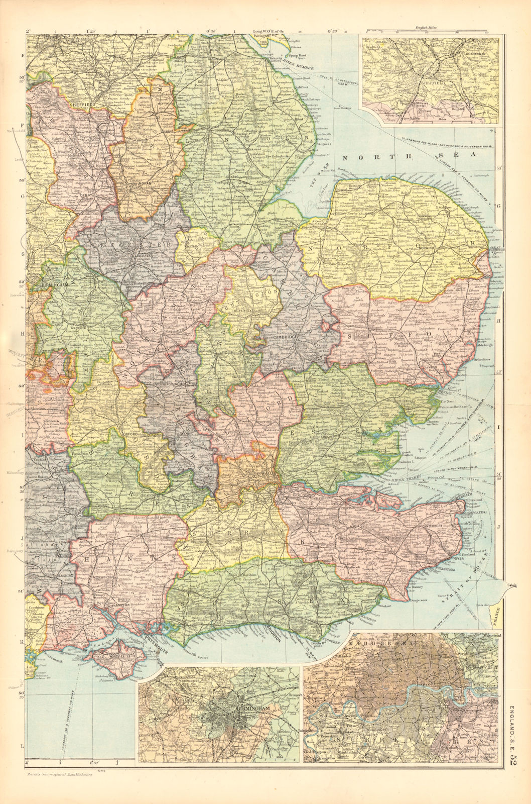 ENGLAND SOUTH EAST MIDLANDS. Sheffield Birmingham London.Railways.BACON 1904 map