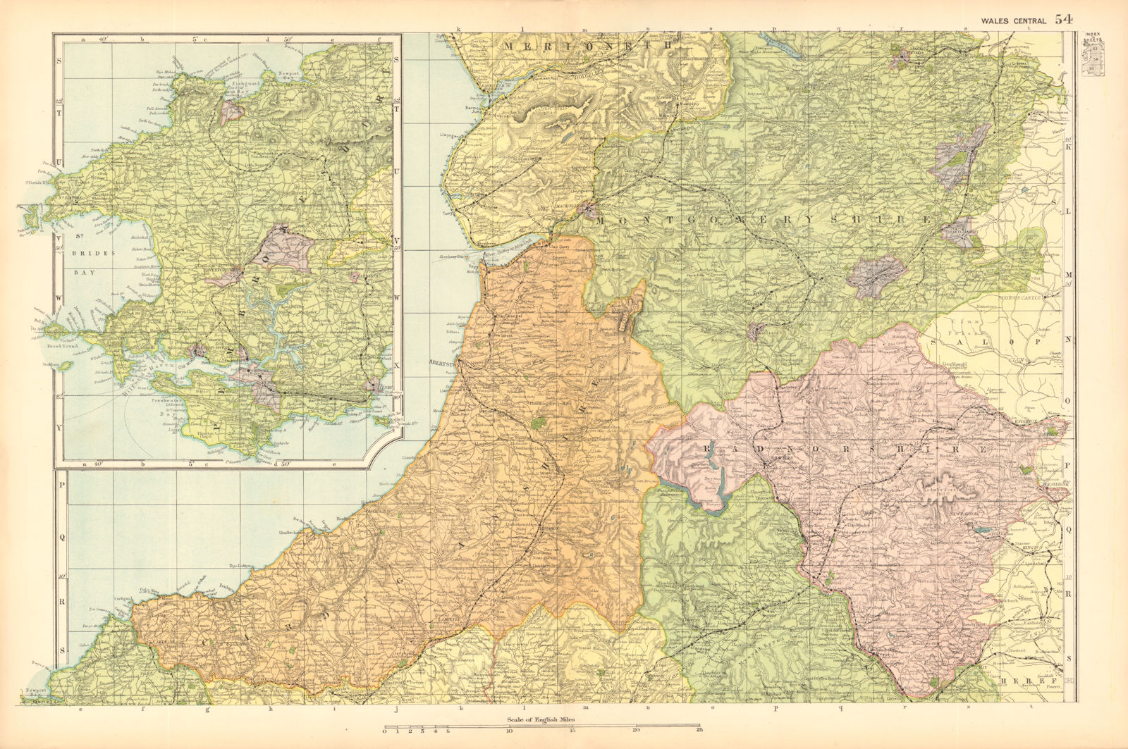 CENTRAL WALES & PEMBROKESHIRE. Showing Parliamentary divisions. BACON 1904 map