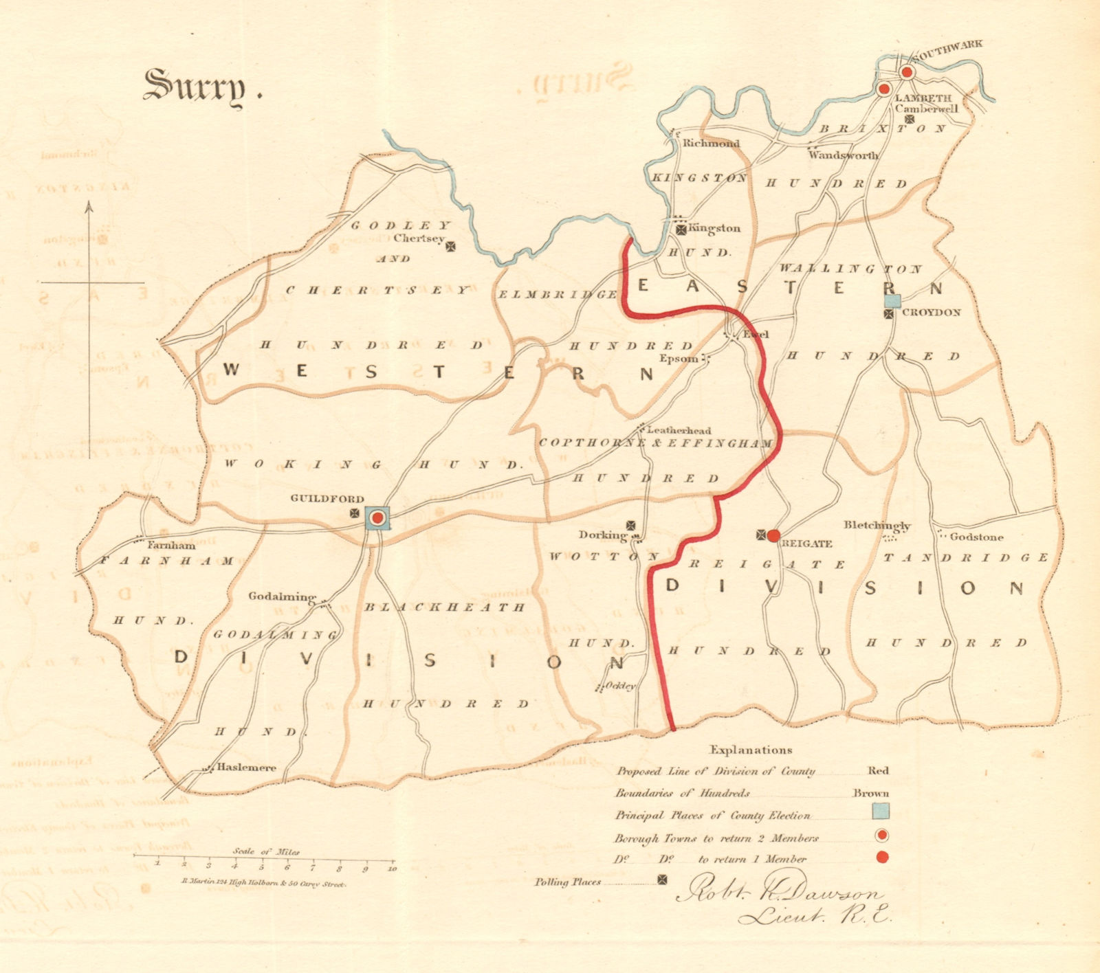 Surrey county map. Divisions boroughs electoral. REFORM ACT. DAWSON 1832