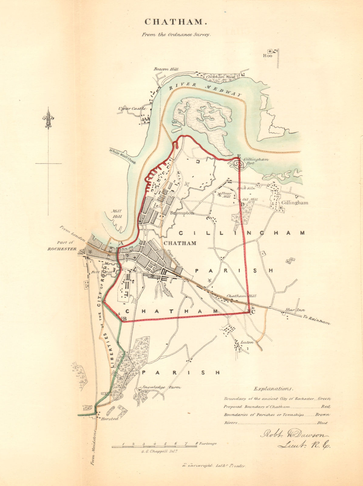 CHATHAM borough/town/dockyard plan. REFORM ACT. Rochester. Kent. DAWSON 1832 map