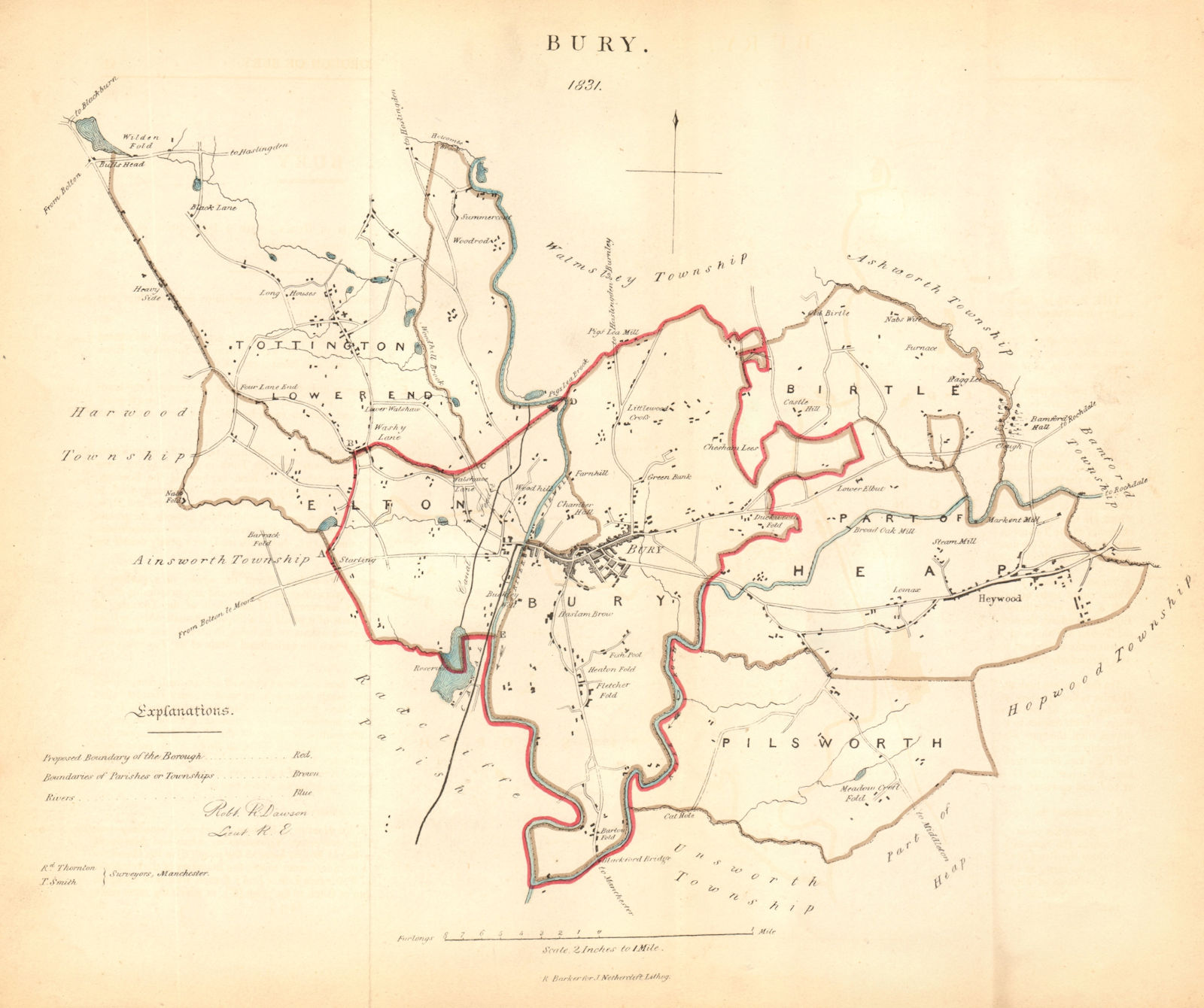 BURY borough/town plan. REFORM ACT. Heywood. Lancashire. DAWSON 1832 old map