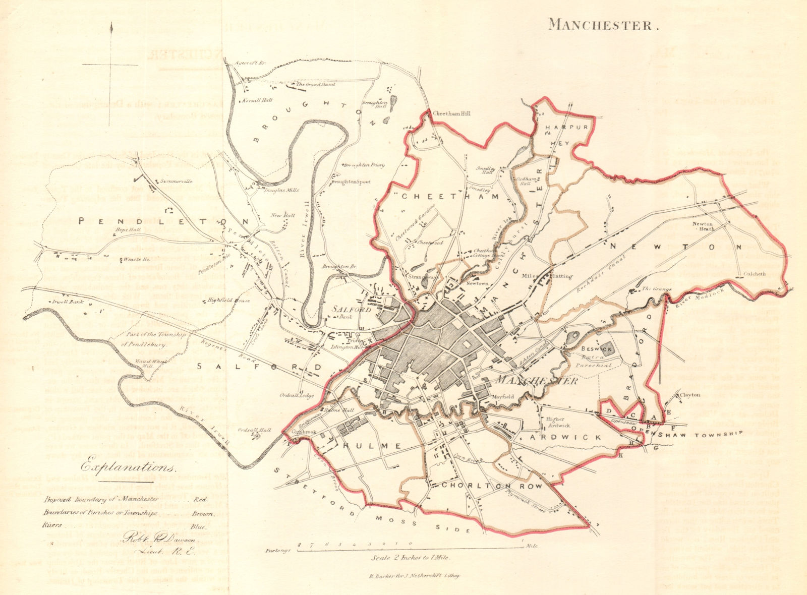 MANCHESTER borough/town/city plan. REFORM ACT. Salford Hulme. DAWSON 1832 map