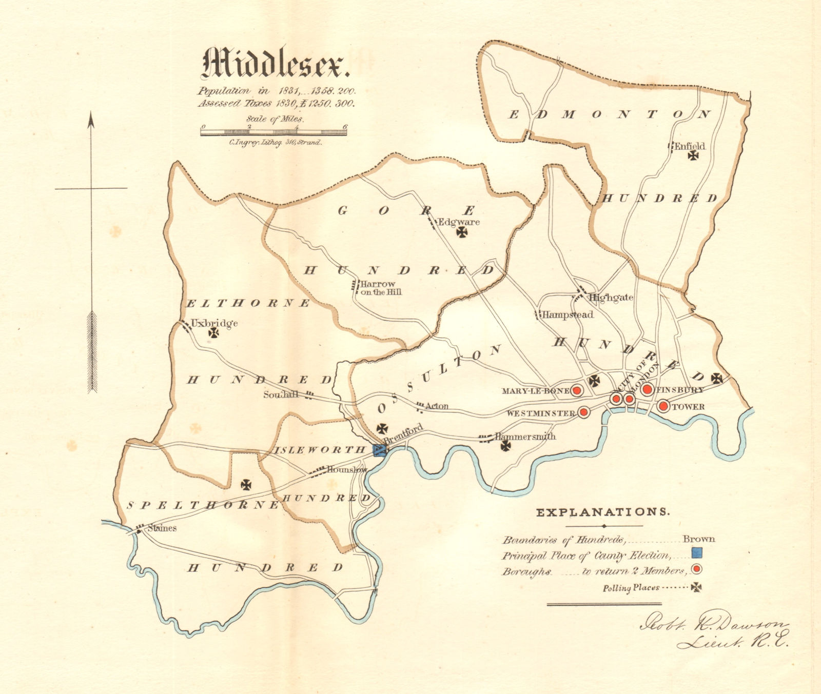 Middlesex county map. Hundreds boroughs electoral. REFORM ACT. DAWSON 1832