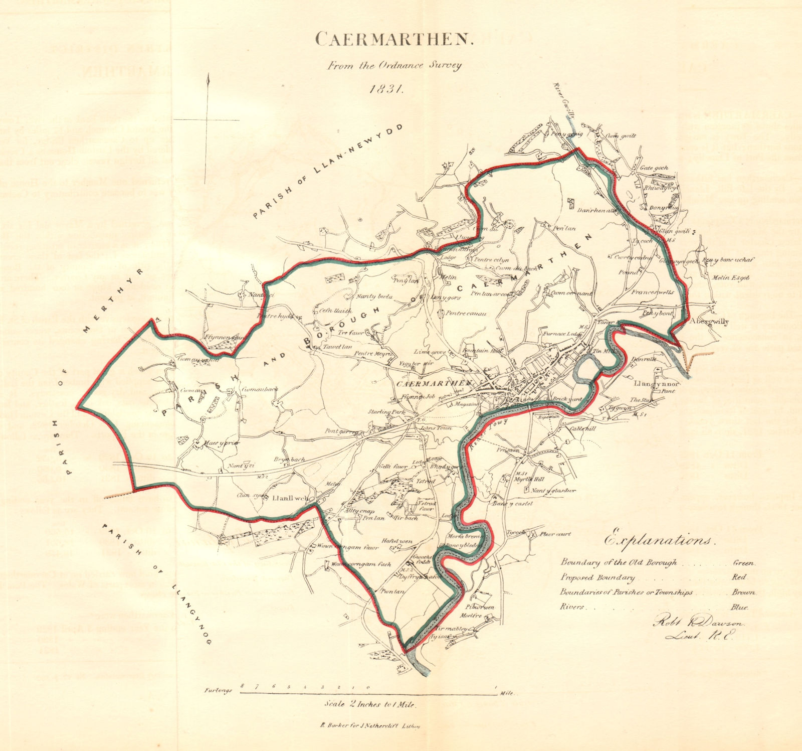 CARMARTHEN/CAERFYRDDIN borough/town plan. REFORM ACT. Wales. DAWSON 1832 map