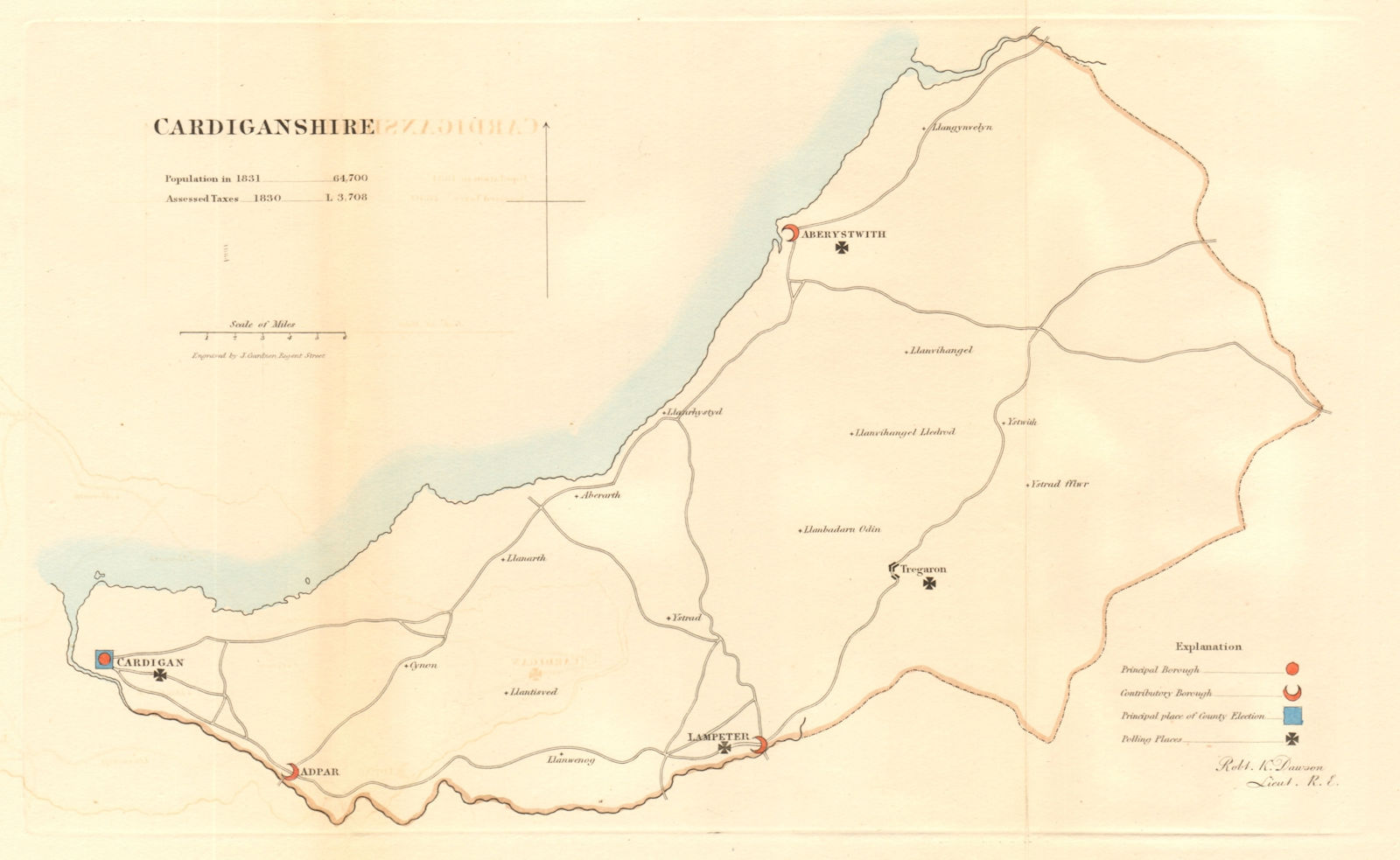 Cardiganshire county map. Contributory boroughs electoral REFORM ACT DAWSON 1832