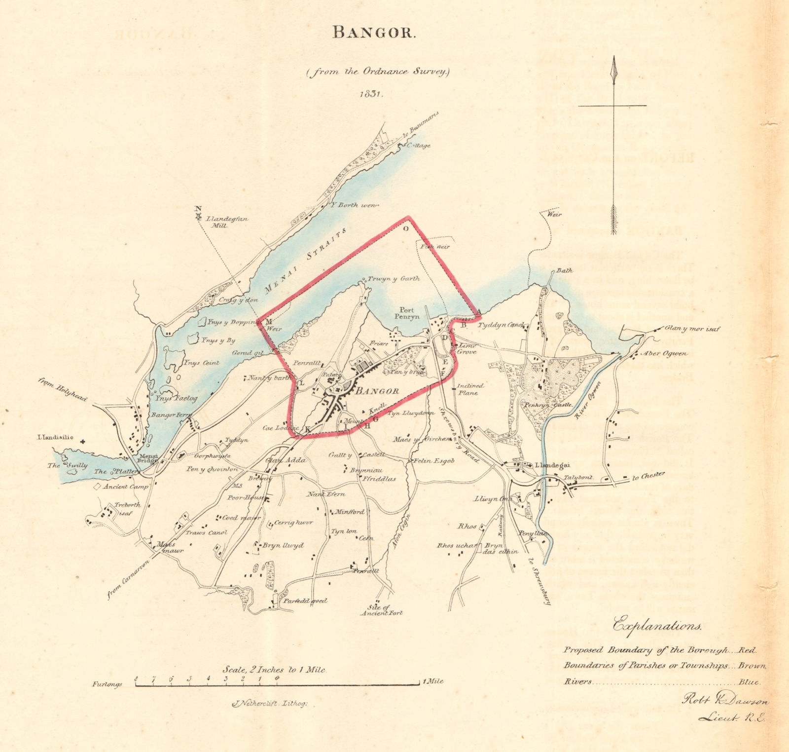 Associate Product BANGOR borough/town plan. REFORM ACT. Llandegai Menai Bridge. DAWSON 1832 map