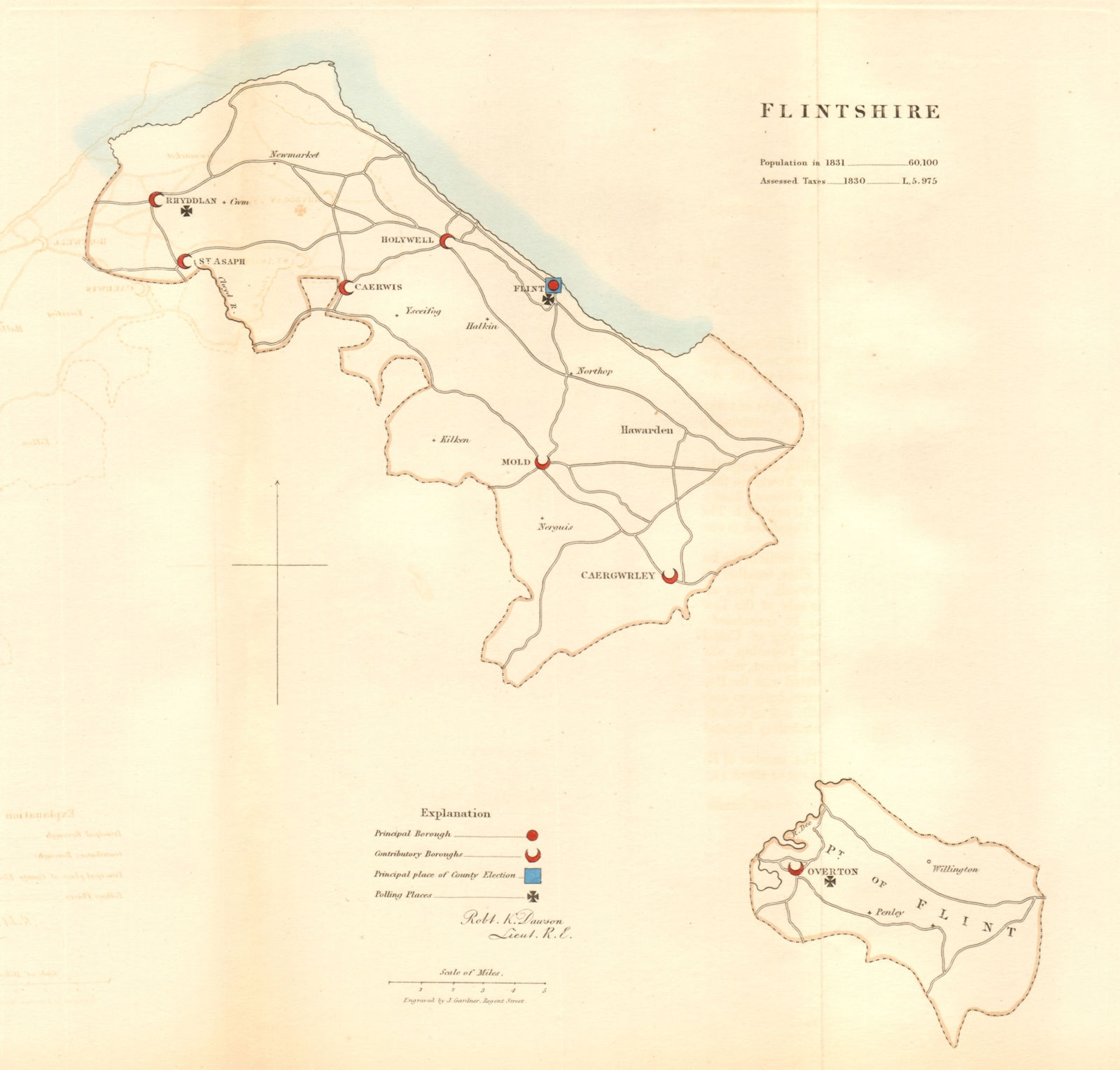 Associate Product Flintshire county map. Principal/contributory electoral. REFORM ACT. DAWSON 1832