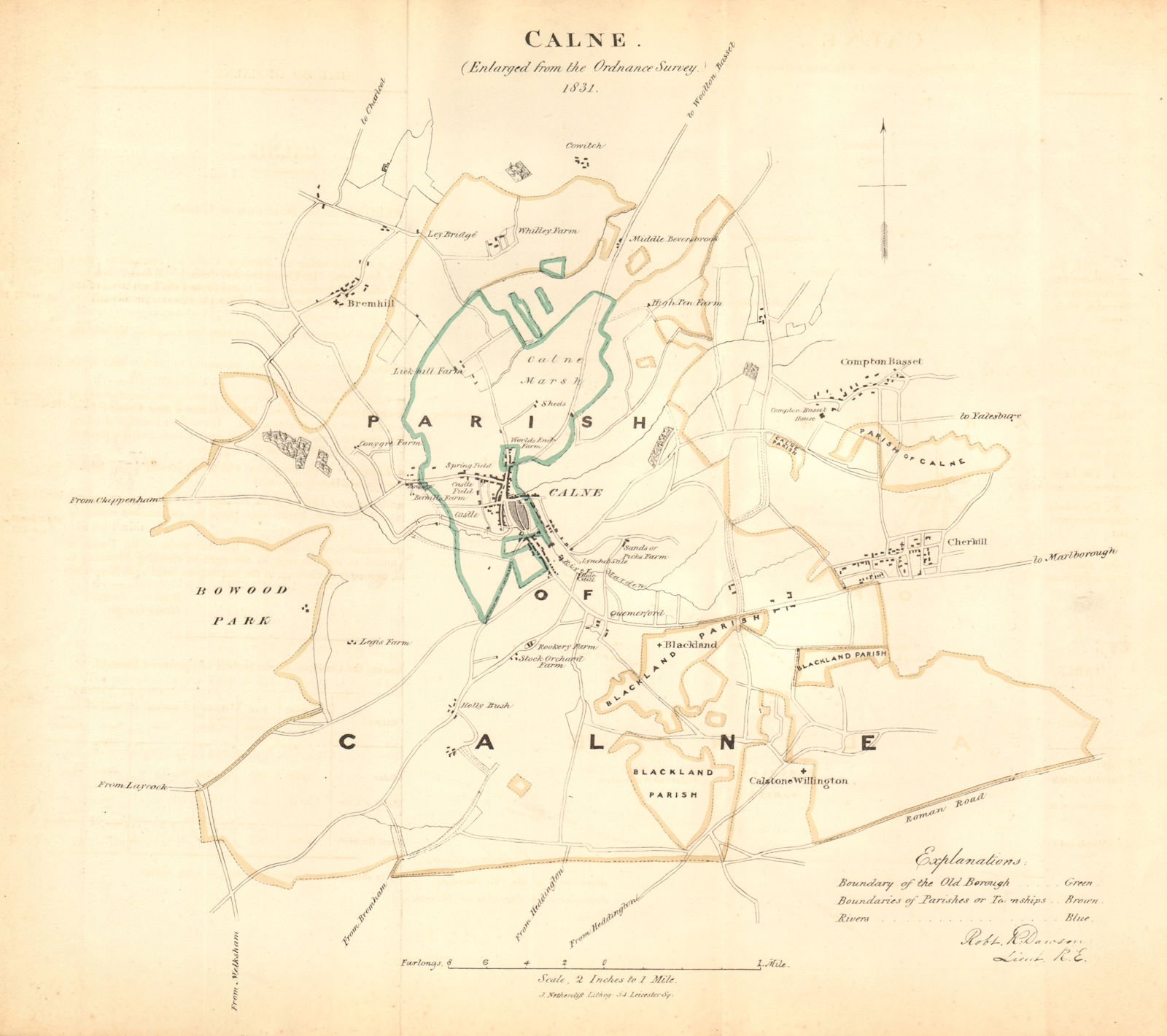 CALNE borough/town plan. REFORM ACT. Cherhill. Wiltshire. DAWSON 1832 old map