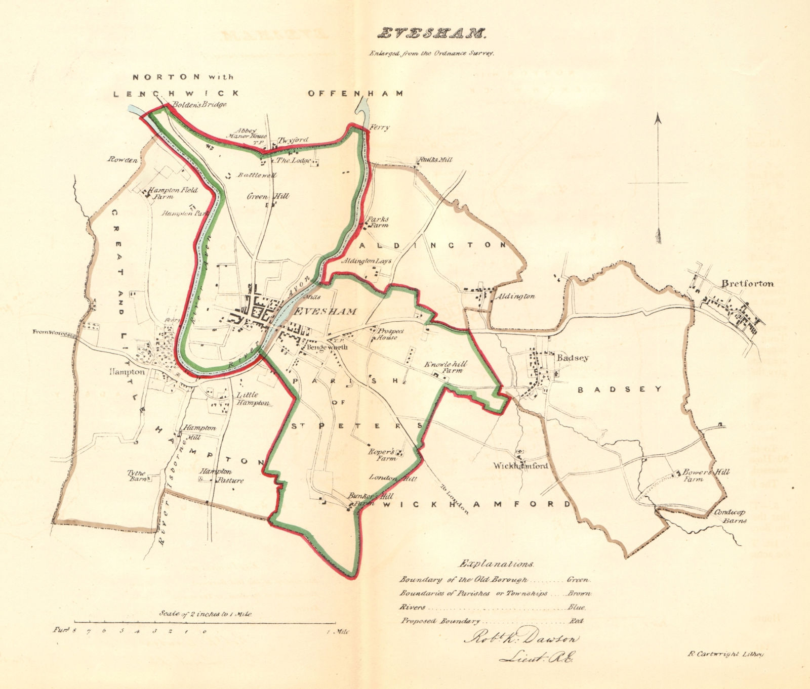 EVESHAM borough/town plan. REFORM ACT Bengeworth Worcestershire. DAWSON 1832 map
