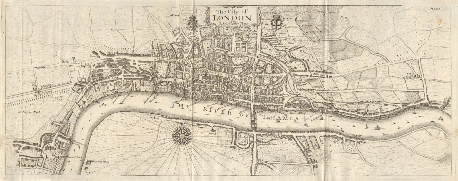 'The City of London as in Queen Elizabeth's time'. STOW/STRYPE 1720 old map