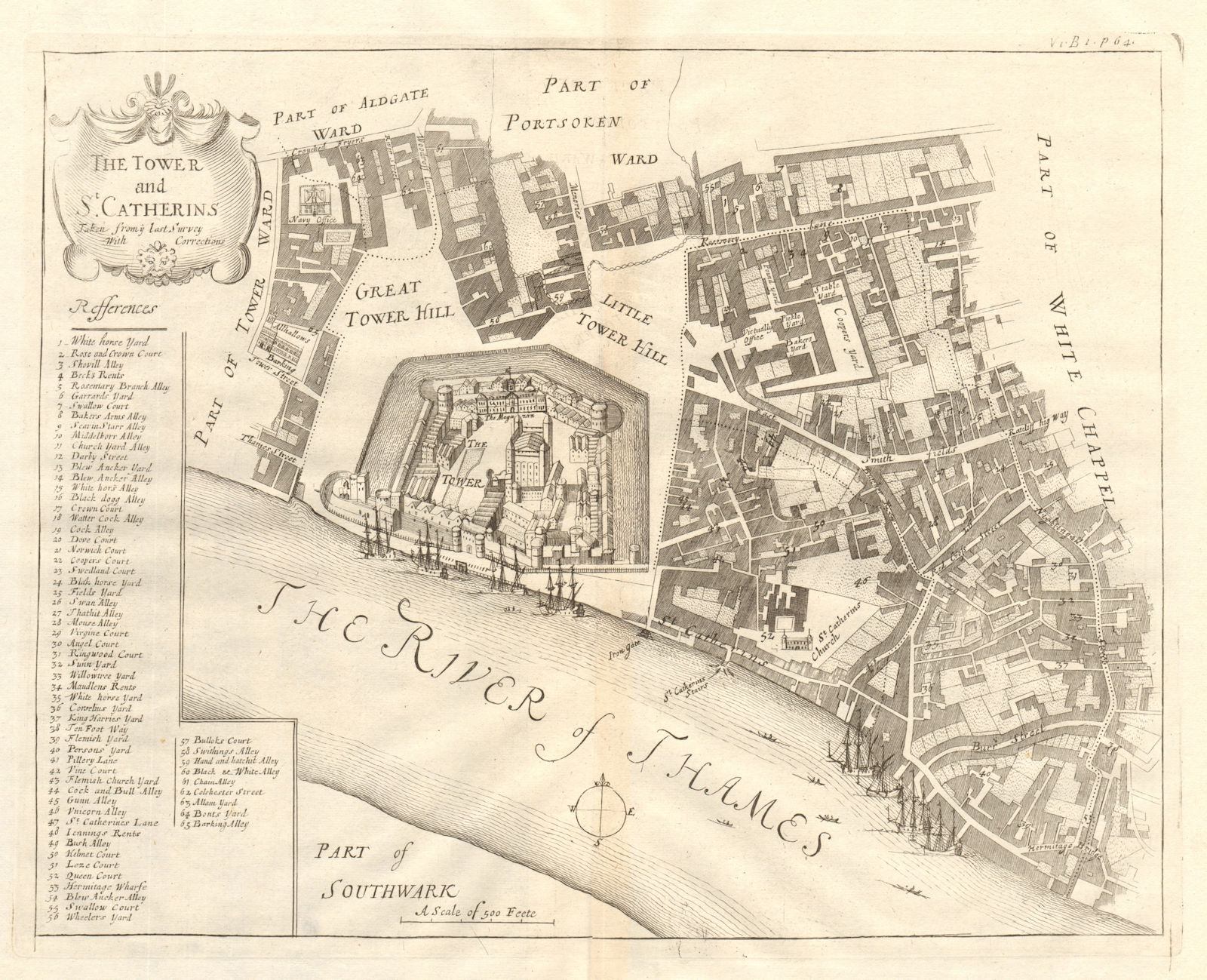 'The Tower [of London] & St Catherin's'. St Katherine's STOW/STRYPE 1720 map