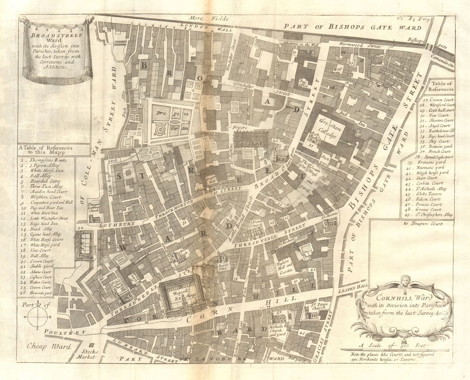 Old 'Broad Street Ward'. Cornhill Bishopsgate City/London. STOW/STRYPE 1720 map