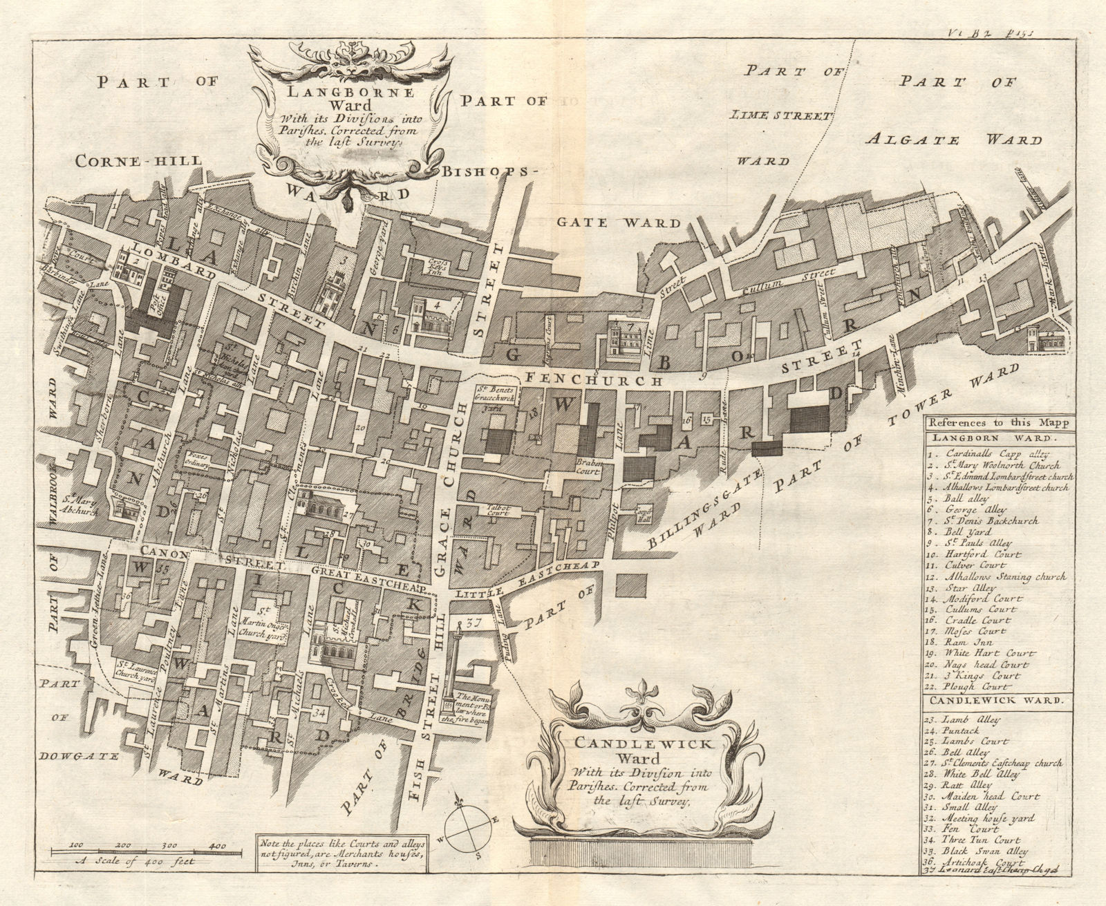 Langborne & Candlewick Wards. Cannon St. City of London. STOW/STRYPE 1720 map