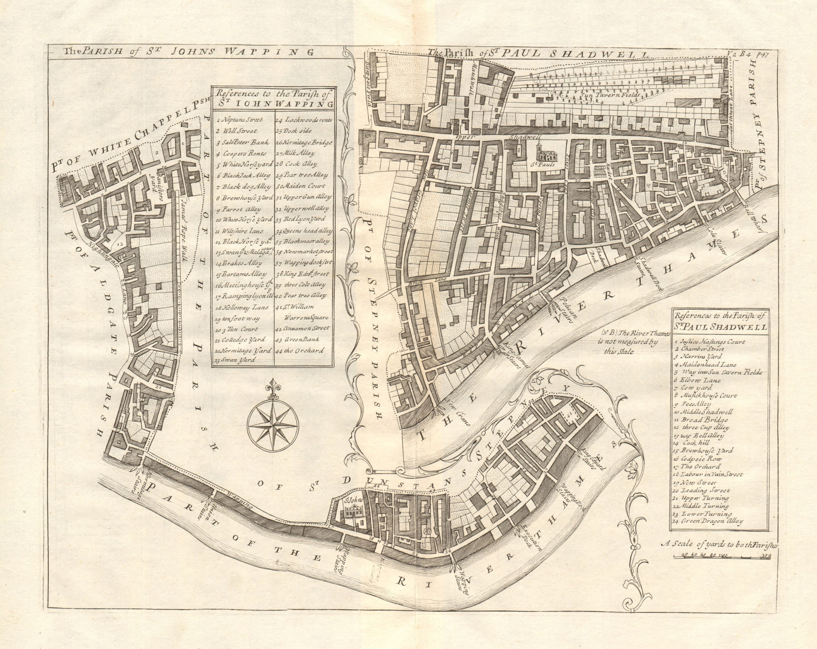 The parishes of St John's, Wapping & St Paul, Shadwell. STOW/STRYPE 1720 map