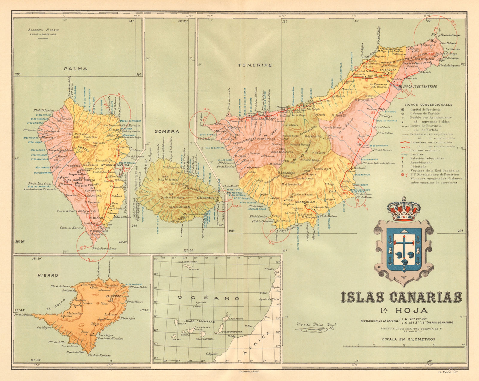 ISLAS CANARIAS Tenerife Palma Hierro Gomera. Canary Islands. MARTIN c1911 map