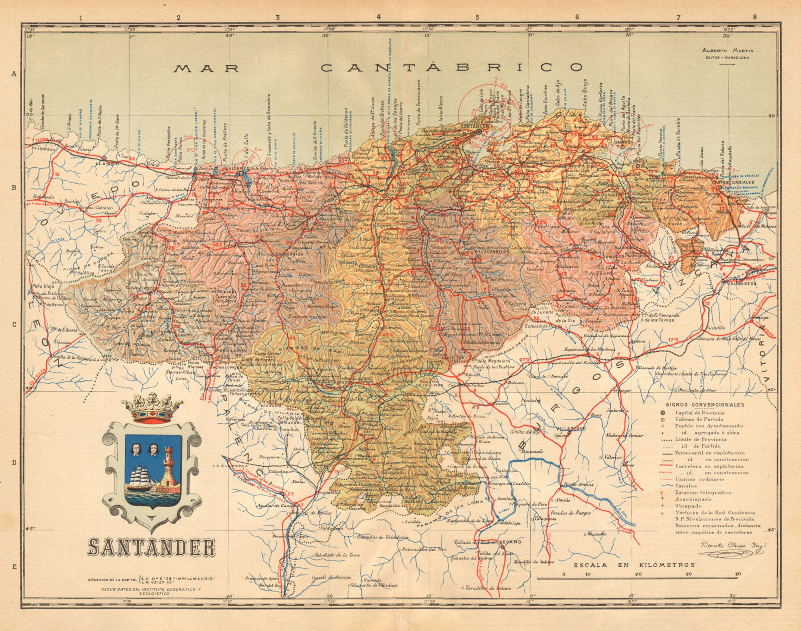 CANTABRIA. Santander. Mapa antiguo de la provincia. ALBERTO MARTIN c1911