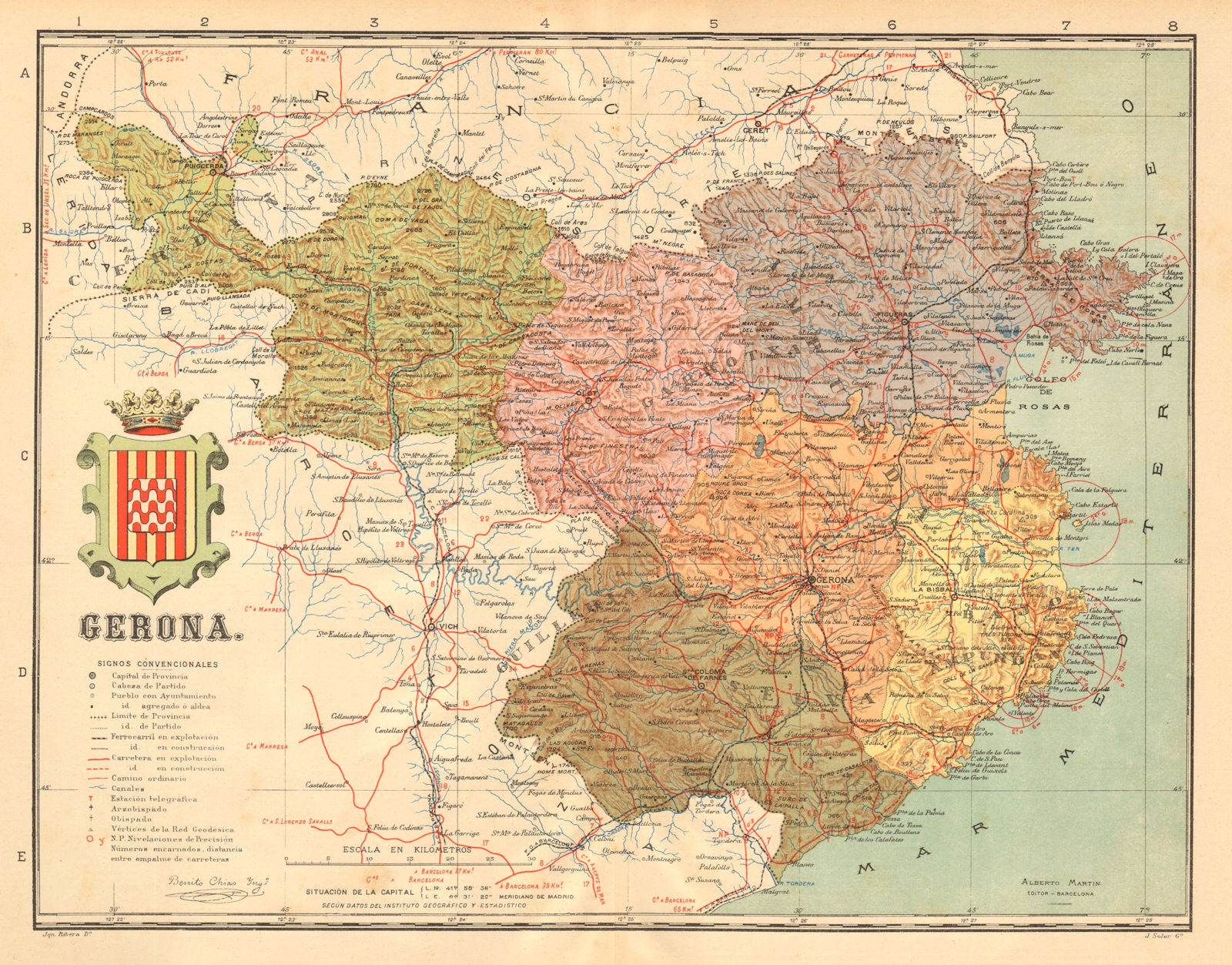 Associate Product GERONA Girona. Cataluña Catalunya Catalonia Mapa antiguo provincia. MARTIN c1911