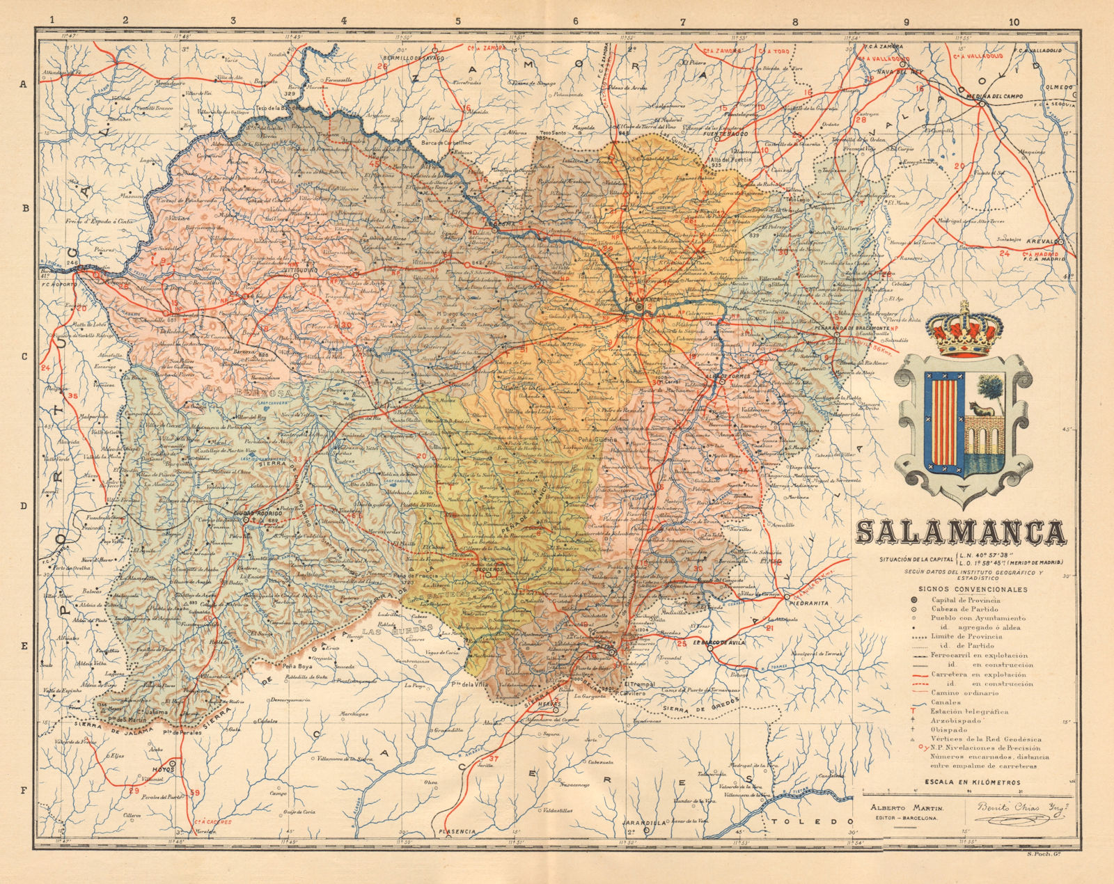 SALAMANCA. Castilla y León. Mapa antiguo de la provincia. ALBERTO MARTIN c1911