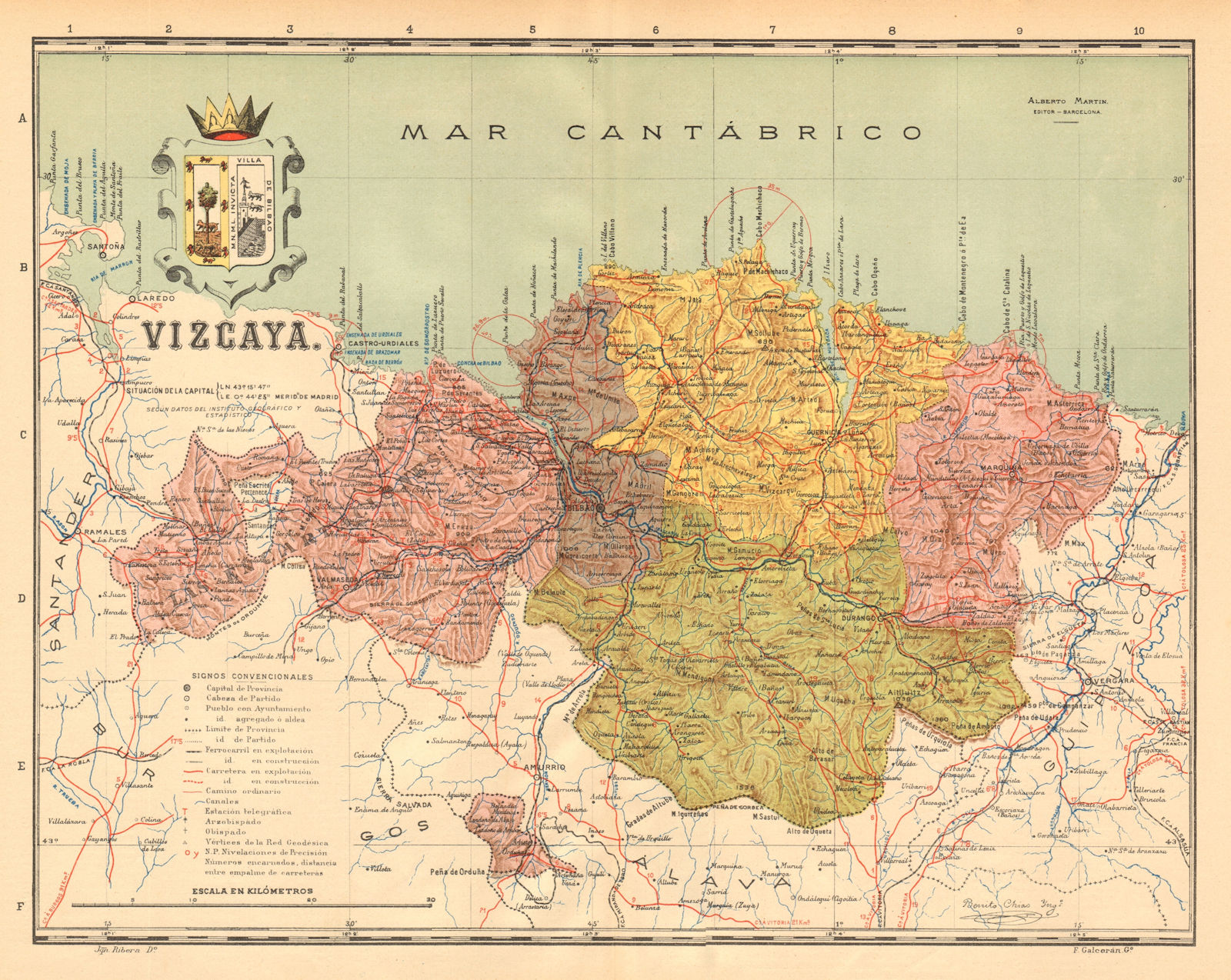 BISCAY BIZKAIA VIZCAYA Bilbao Bilbo Euskadi Mapa antiguo provincia. MARTIN c1911