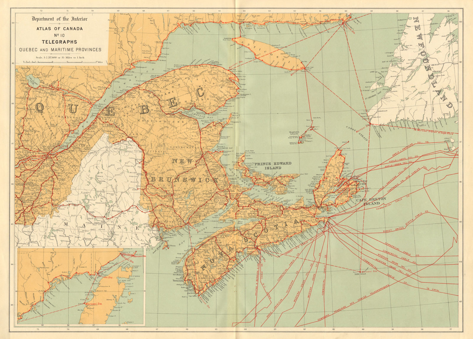 Associate Product Quebec & Maritime Provinces. TELEGRAPH CABLES. NB NS PEI. Canada. WHITE 1906 map