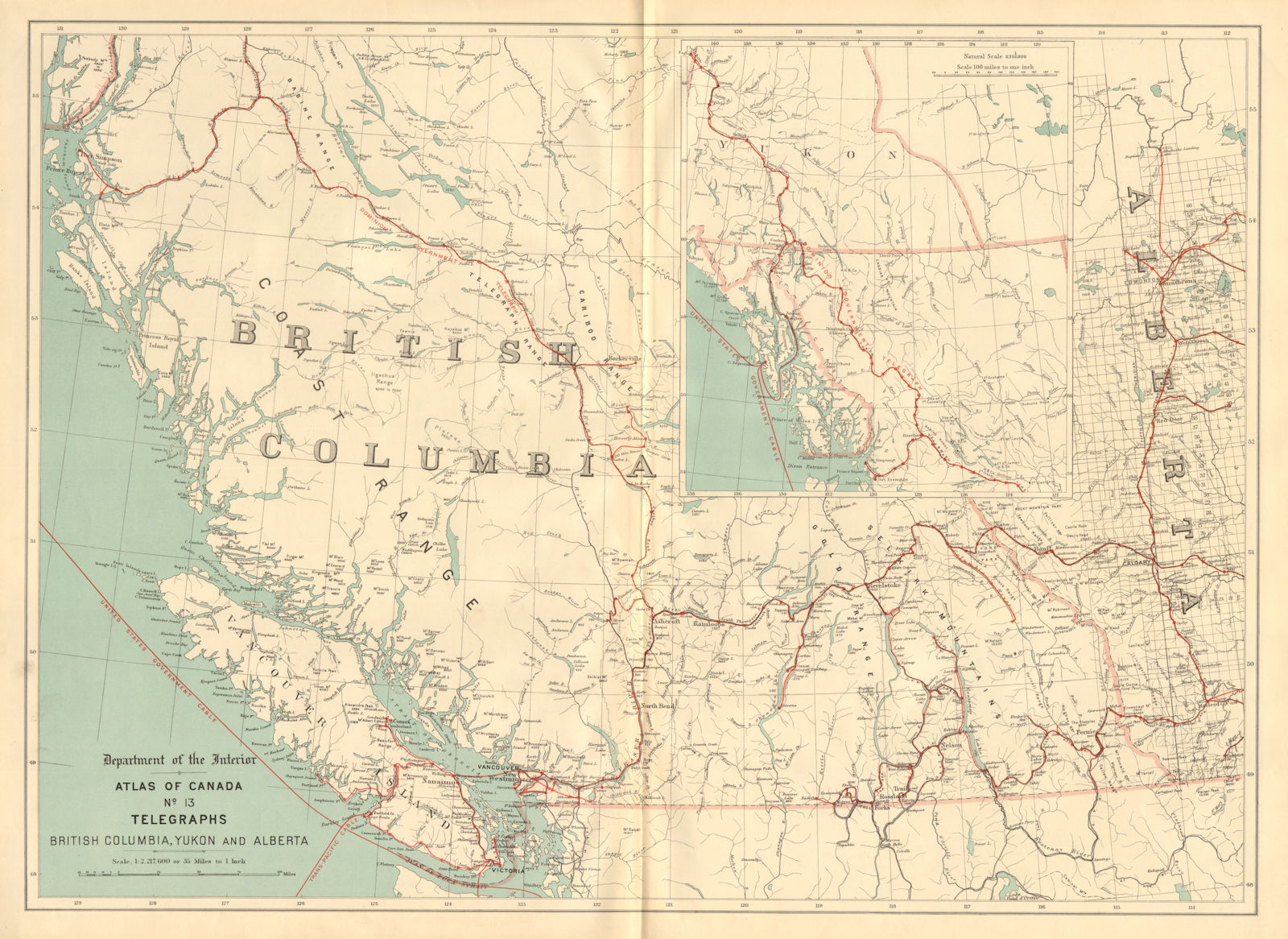 British Columbia, Yukon and Alberta. TELEGRAPH CABLES. Canada. WHITE 1906 map