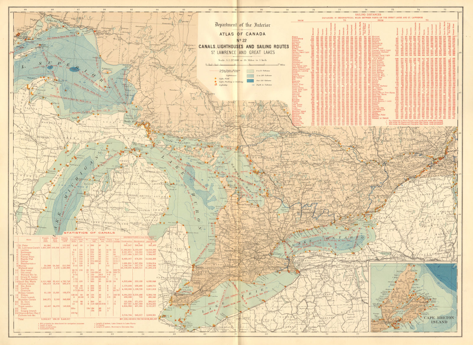Associate Product GREAT LAKES & ST LAWRENCE. Canals, lighthouses & sailing routes. WHITE 1906 map