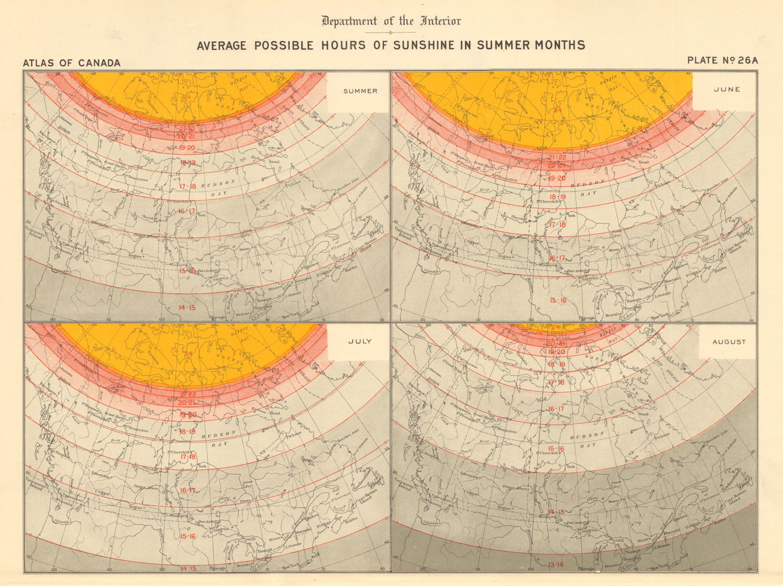 Associate Product CANADA SUMMER DAYLIGHT HOURS. Average possible hours of sunshine. WHITE 1906 map