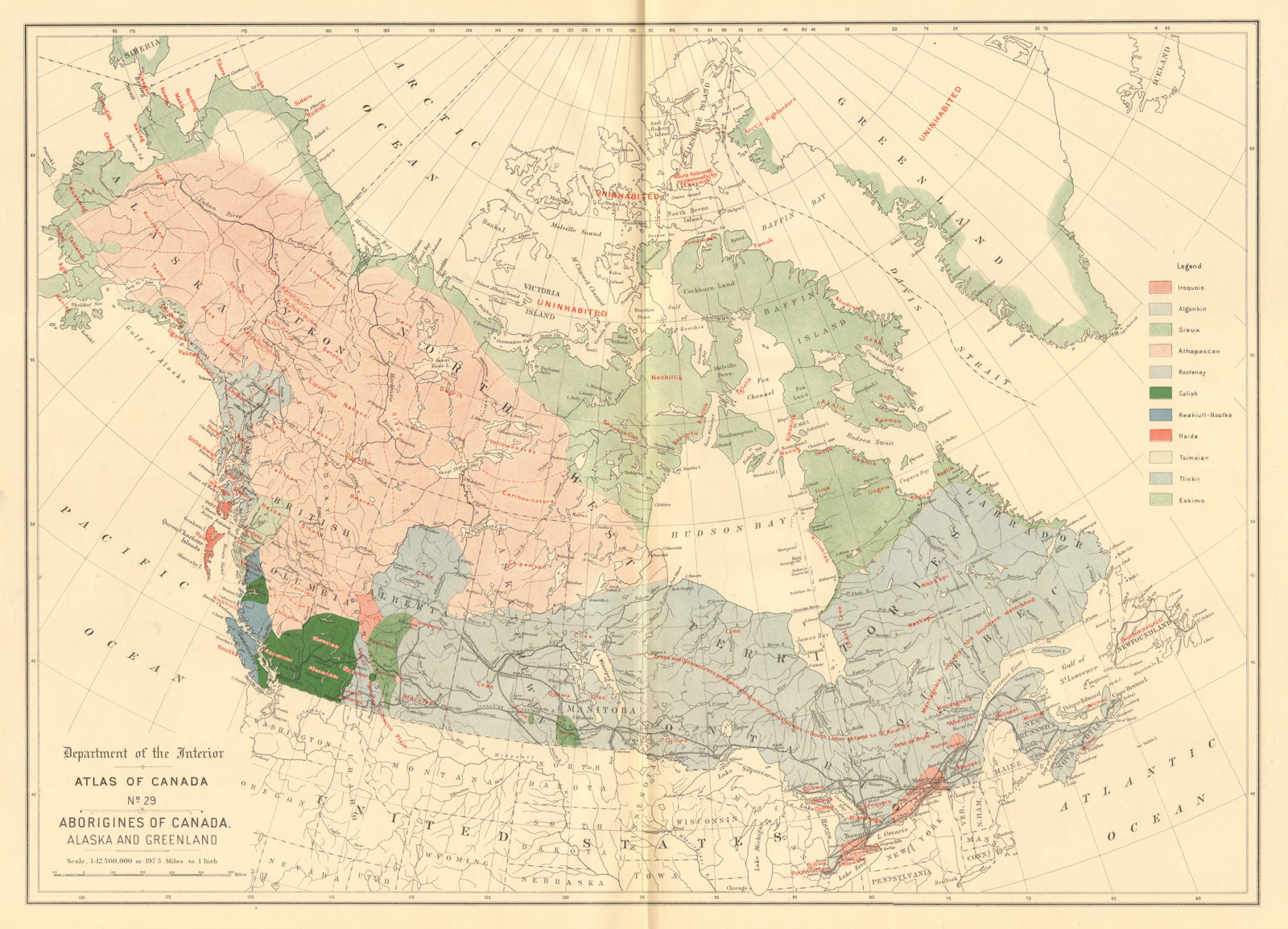 CANADA ALASKA GREENLAND ABORIGINALS Eskimo Athapascan Tlinkit Salish &c 1906 map