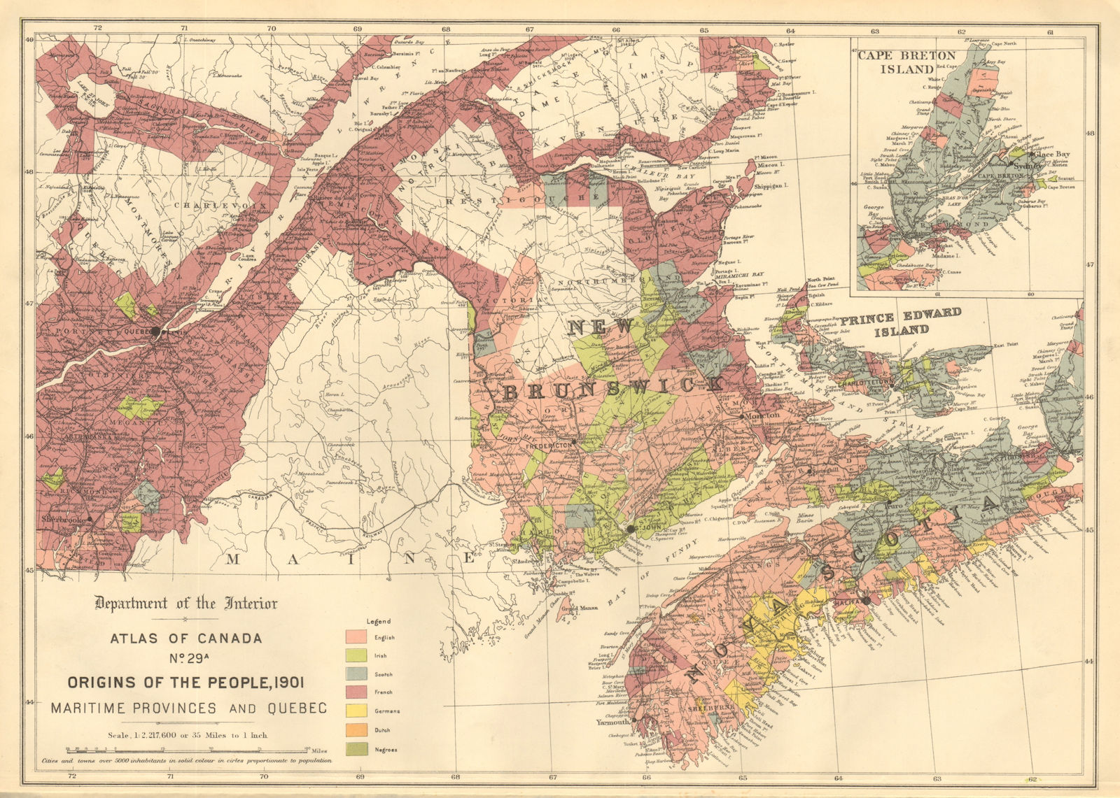 CANADA ETHNIC ORIGINS. Maritime Provinces. Quebec. English Irish French 1906 map