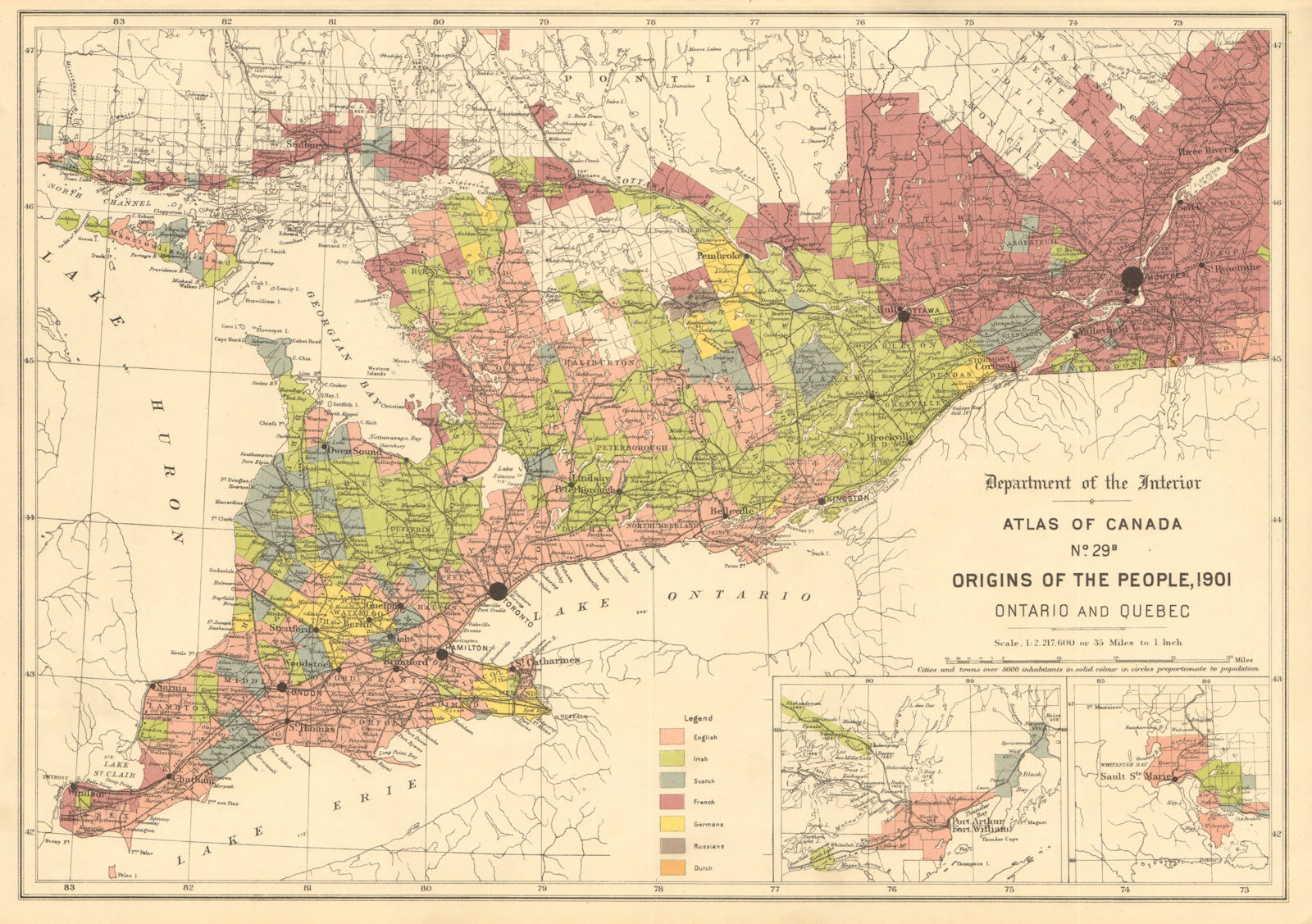 Associate Product CANADA ETHNIC ORIGINS. Ontario & Quebec. English Irish French Scottish 1906 map