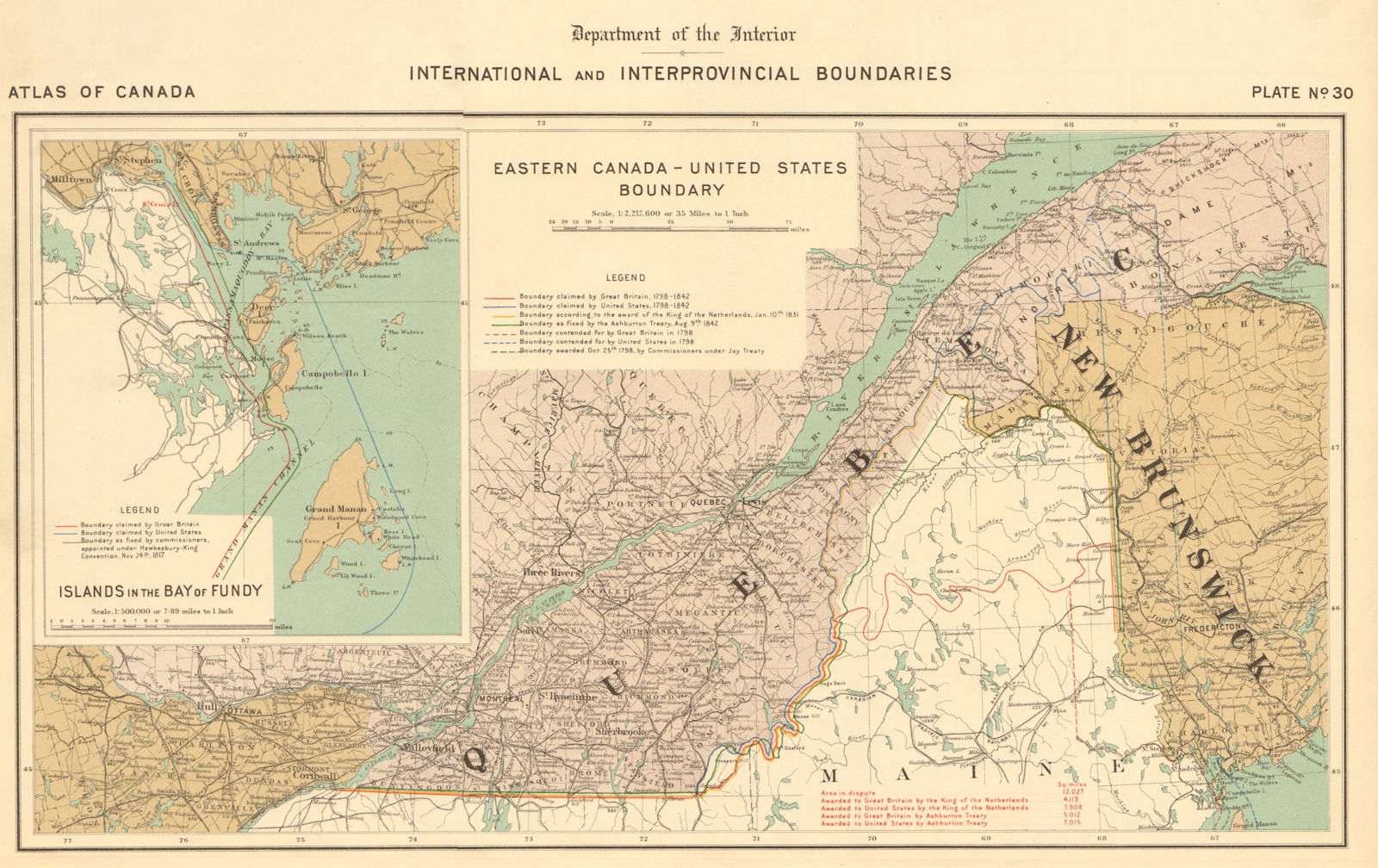 US-CANADA BOUNDARY DISPUTE. Ashburton Treaty 1842. Maine Quebec NB 1906 map