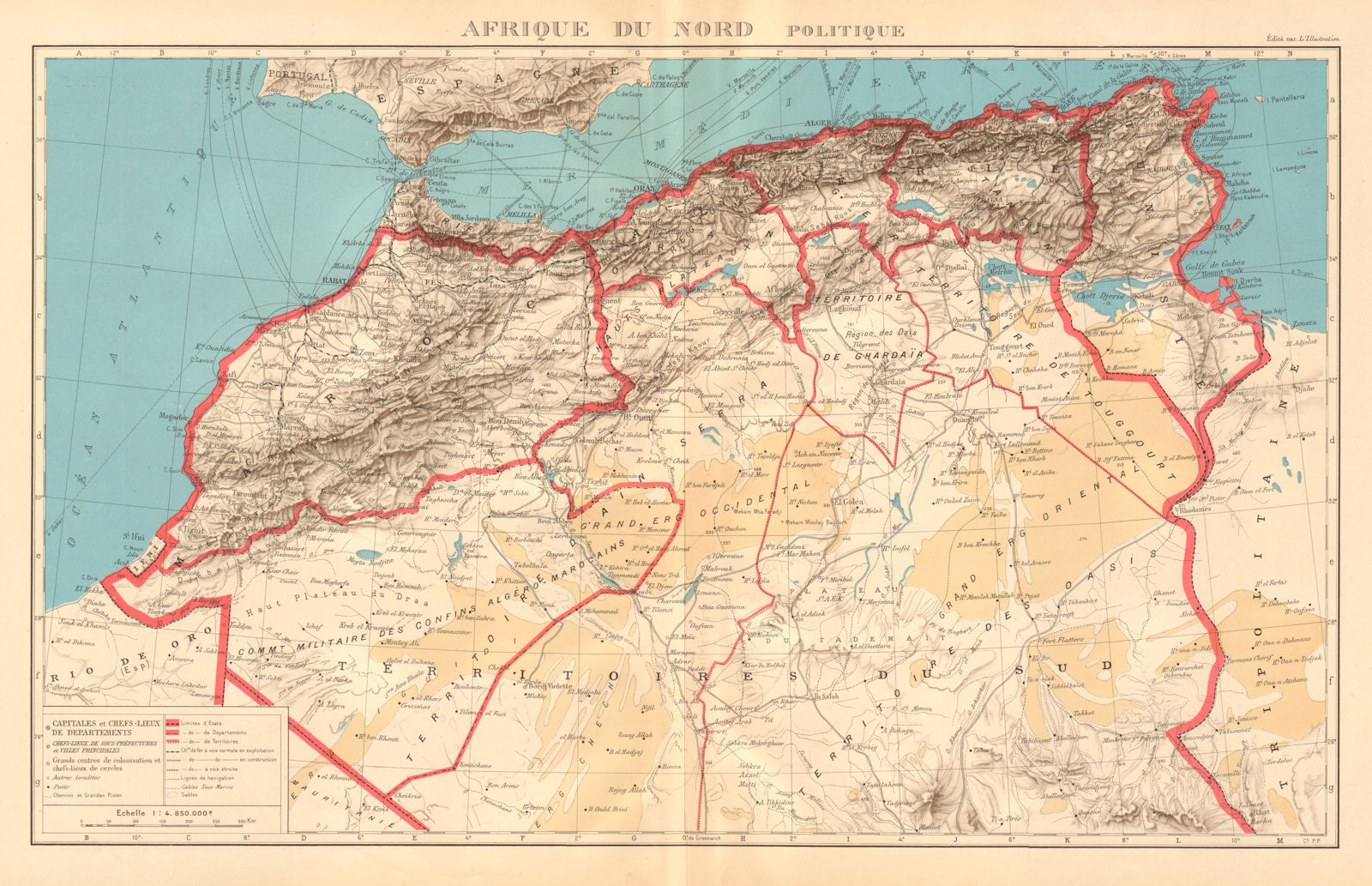 COLONIAL FRENCH NORTH AFRICA. Afrique du Nord. Politique. Political 1938 map
