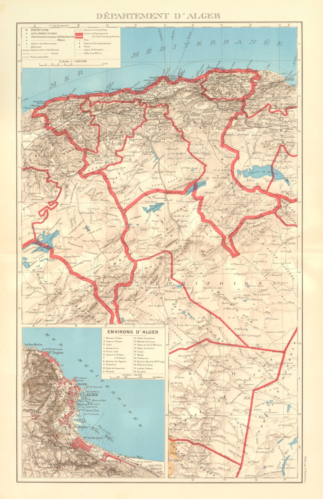 Associate Product FRENCH ALGERIA. Departement d'Alger. Algiers environs & city plan 1938 old map
