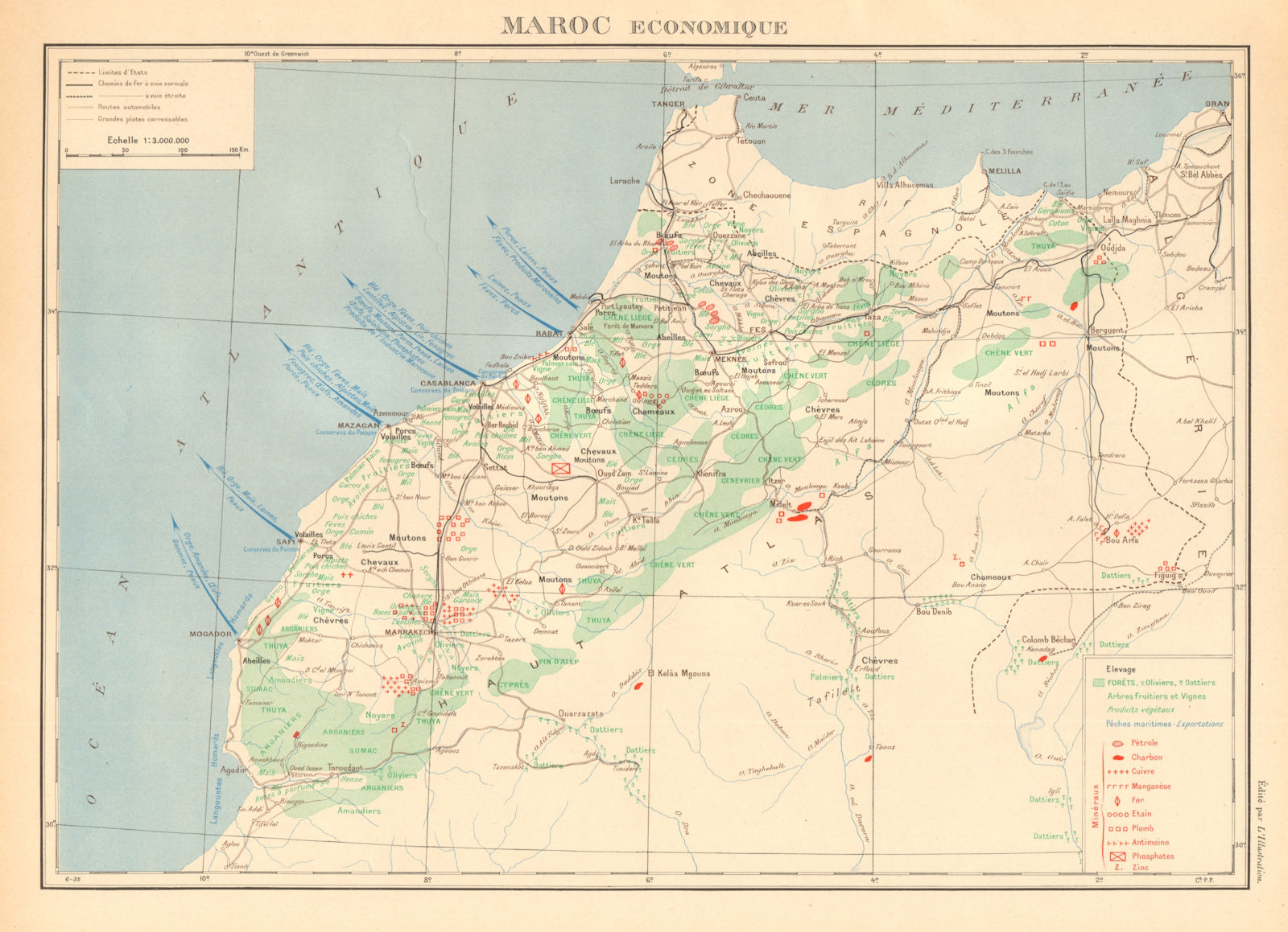 Associate Product FRENCH MOROCCO ECONOMIC/RESOURCES Maroc Protectorat français economique 1938 map