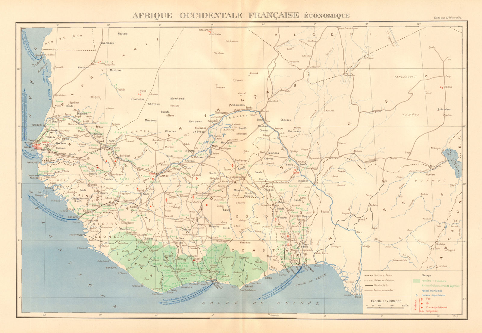 FRENCH WEST AFRICA RESOURCES. Afrique Occidentale Française economique 1938 map