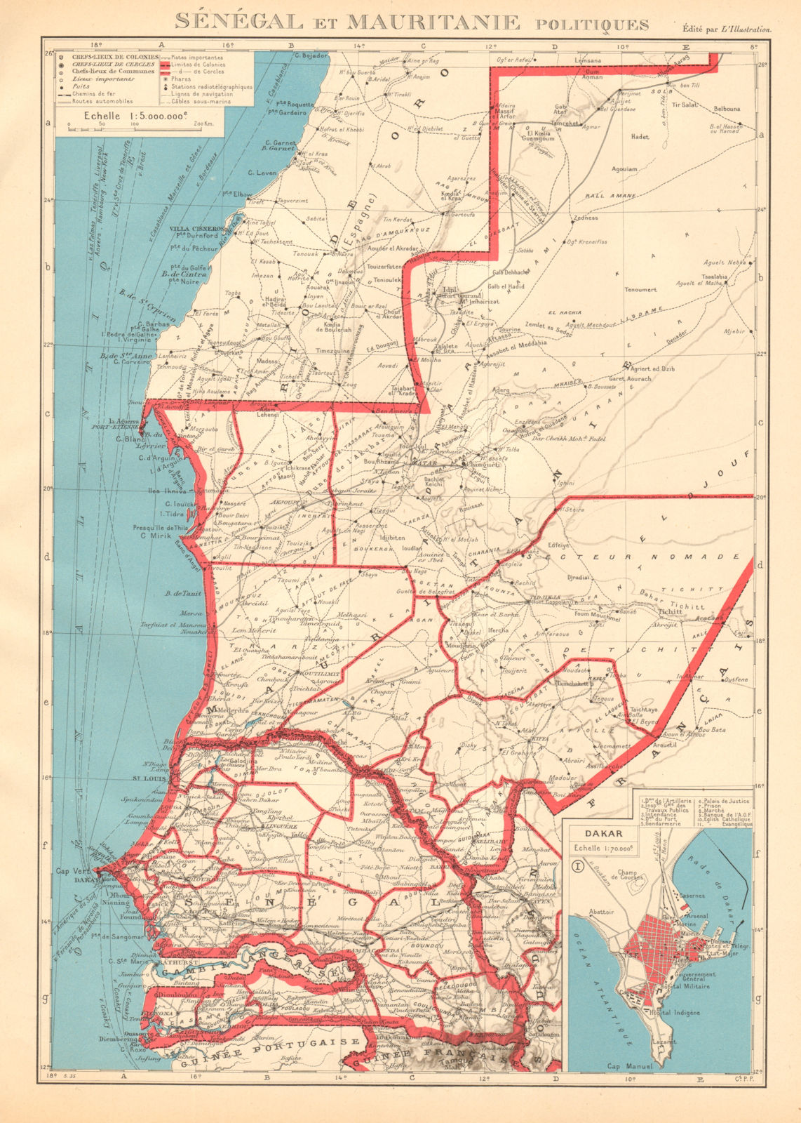 FRENCH WEST AFRICA. Senegal & Mauritanie/Mauritania. Dakar plan 1938 old map