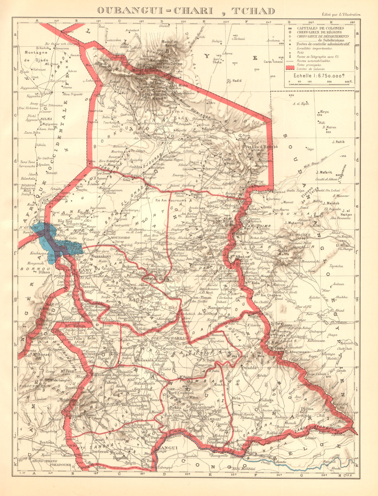 FRENCH COLONIAL CHAD & UBANGI-SHARI (C.A.R.). Oubangui-Chari Tchad 1938 map
