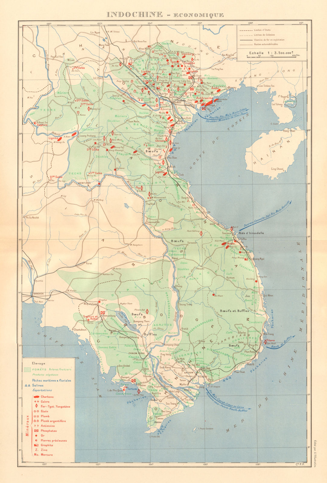 COLONIAL FRENCH INDOCHINA. Indochine française. Economique. Economic 1938 map