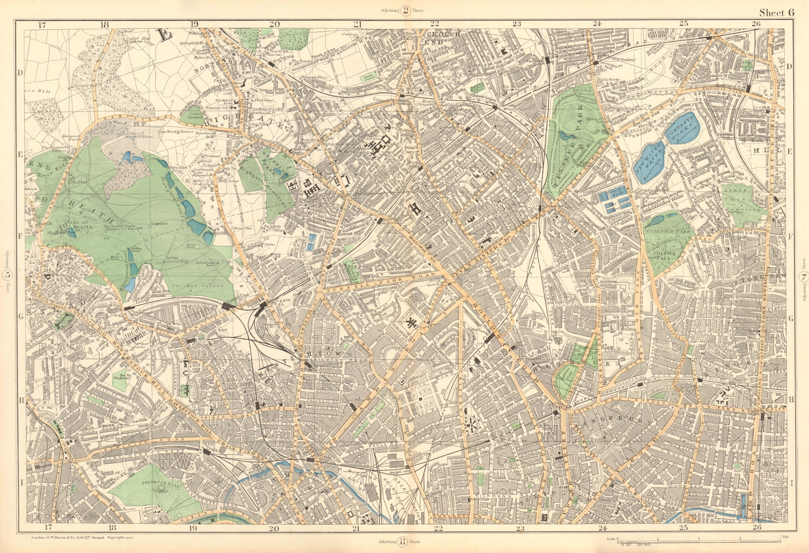 HAMPSTEAD ISLINGTON Camden Highgate Finsbury Park Primrose Hill. BACON  1903 map