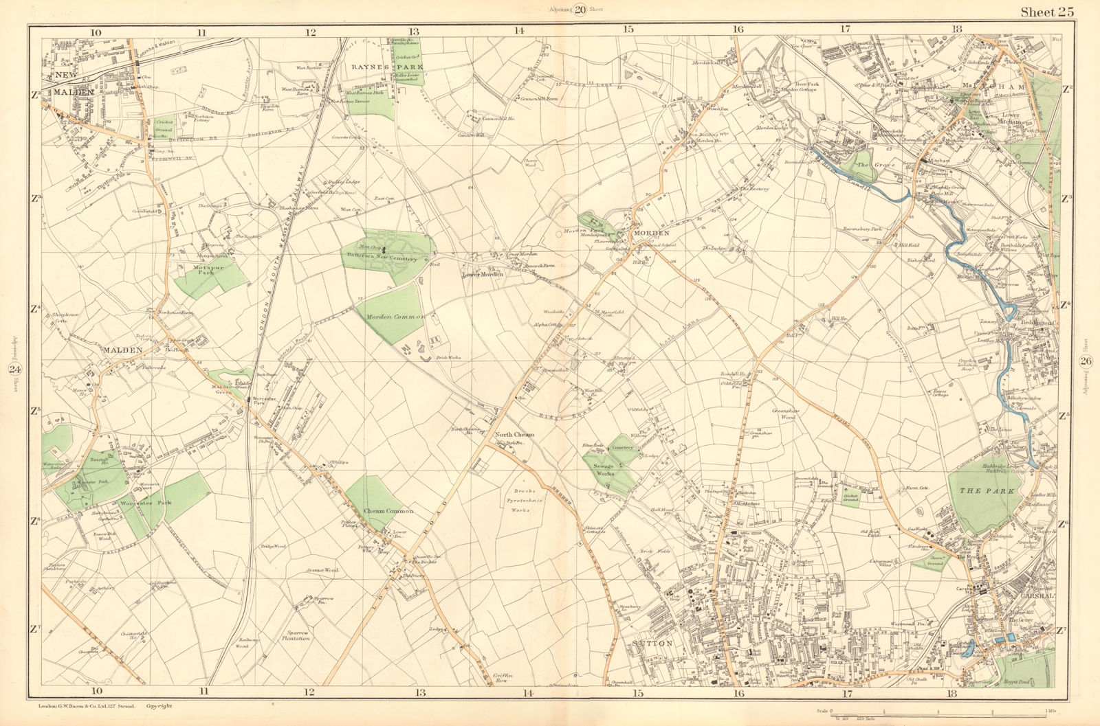 SUTTON Carshalton Morden New Malden Worcester Pk Mitcham Cheam. BACON  1903 map