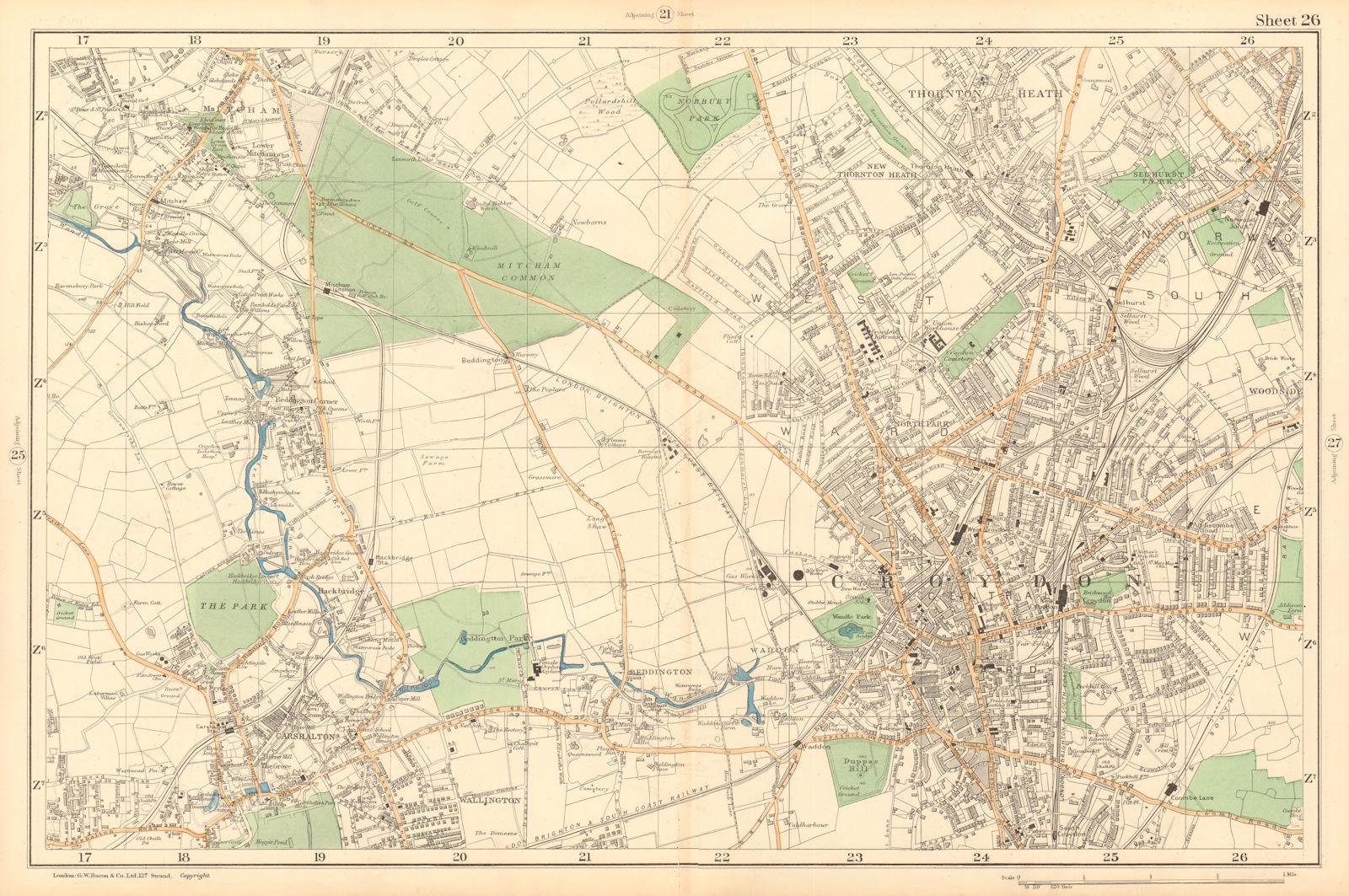 Associate Product CROYDON Mitcham Carshalton Wallington Thornton Heath Beddington. BACON  1903 map