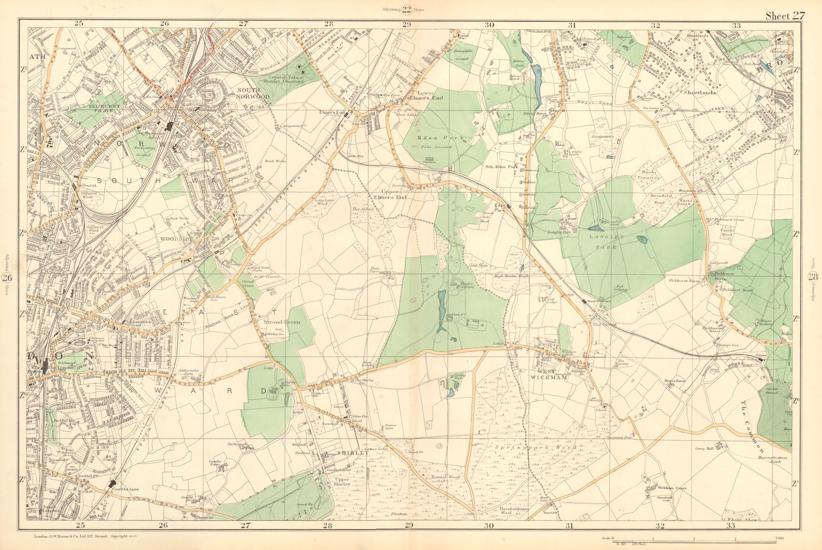 CROYDON Beckenham Woodside W Wickham Elmers End Norwood Hayes. BACON  1903 map