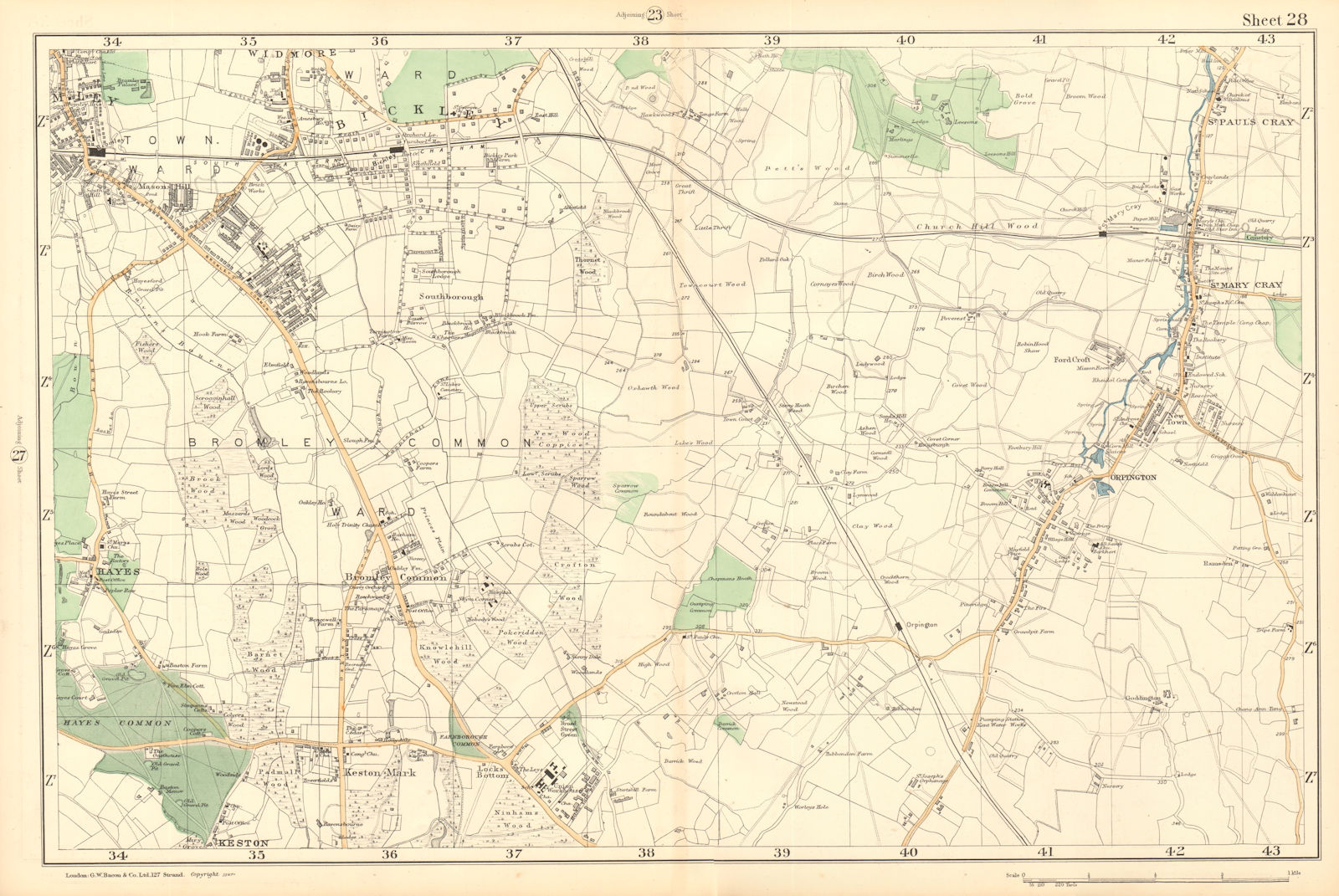 Associate Product BROMLEY & ORPINGTON Hayes Petts Wood Keston St Paul's Mary Cray. BACON  1903 map
