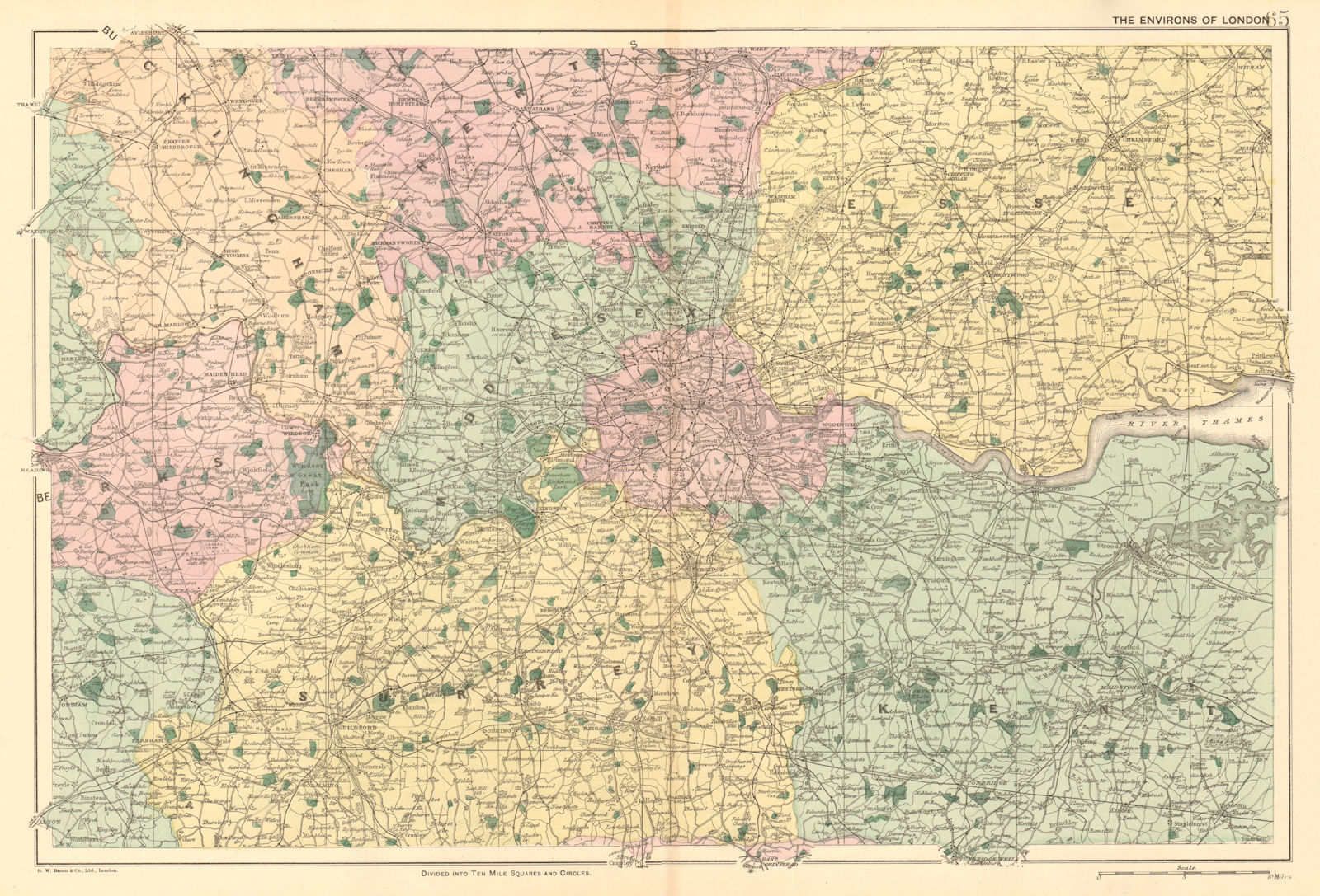 Associate Product LONDON & HOME COUNTIES.Middx Essex Kent Surrey Berks Bucks Herts.BACON 1903 map