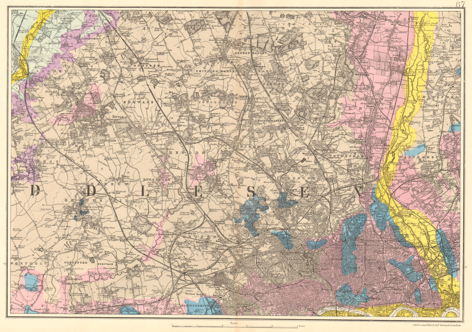 NW LONDON GEOLOGICAL Westminster Islington Brent Ealing Camden.BACON 1903 map