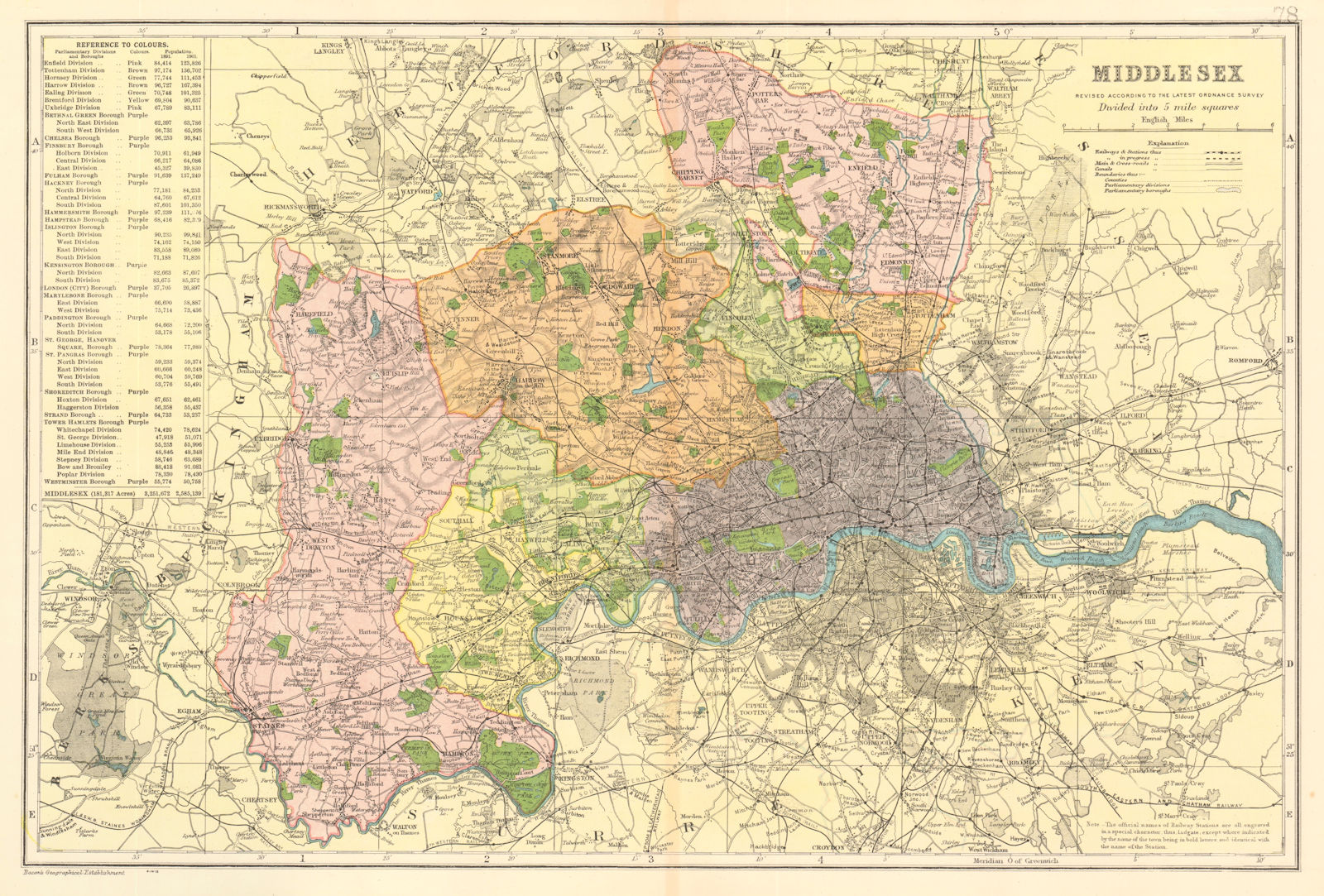 MIDDLESEX & LONDON county map.Parliamentary constituencies.Railways.BACON 1903