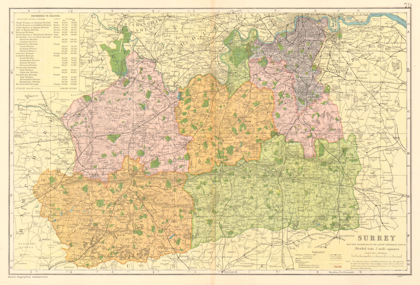 SURREY county map. Parliamentary constituencies divisions. Railways. BACON 1903