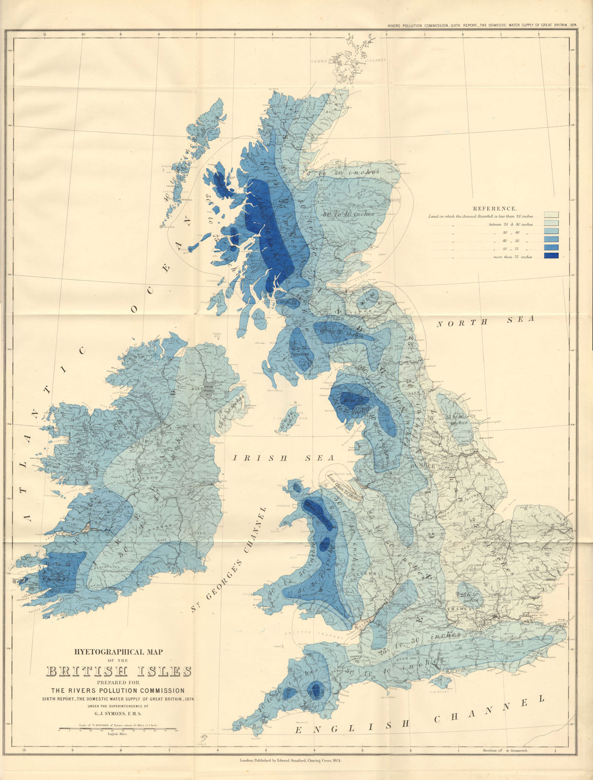Hyetographical map of the British Isles by GJ Symons/STANFORD 1874 old