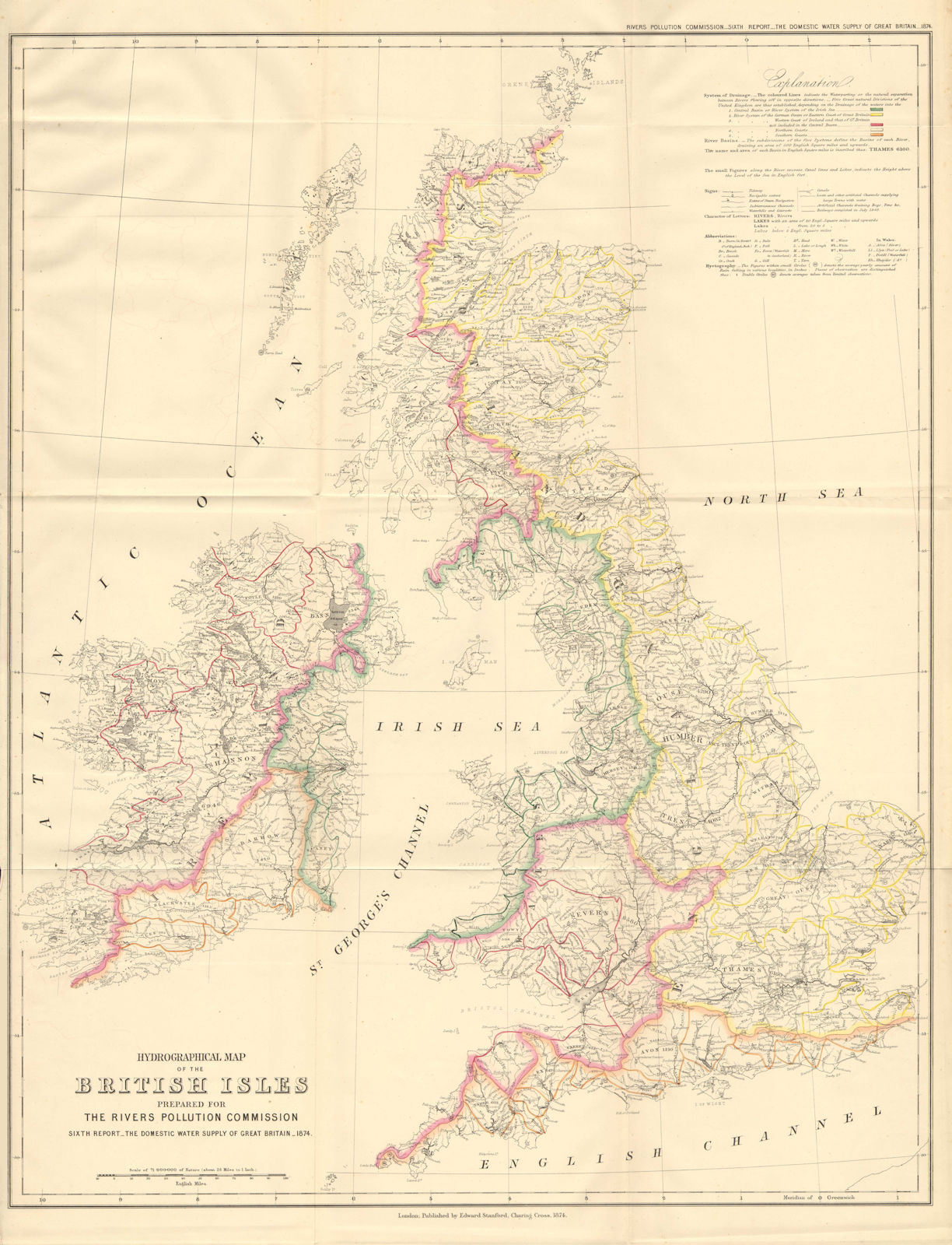 British Isles Hydrographical map. Drainage basins/watersheds. STANFORD 1874