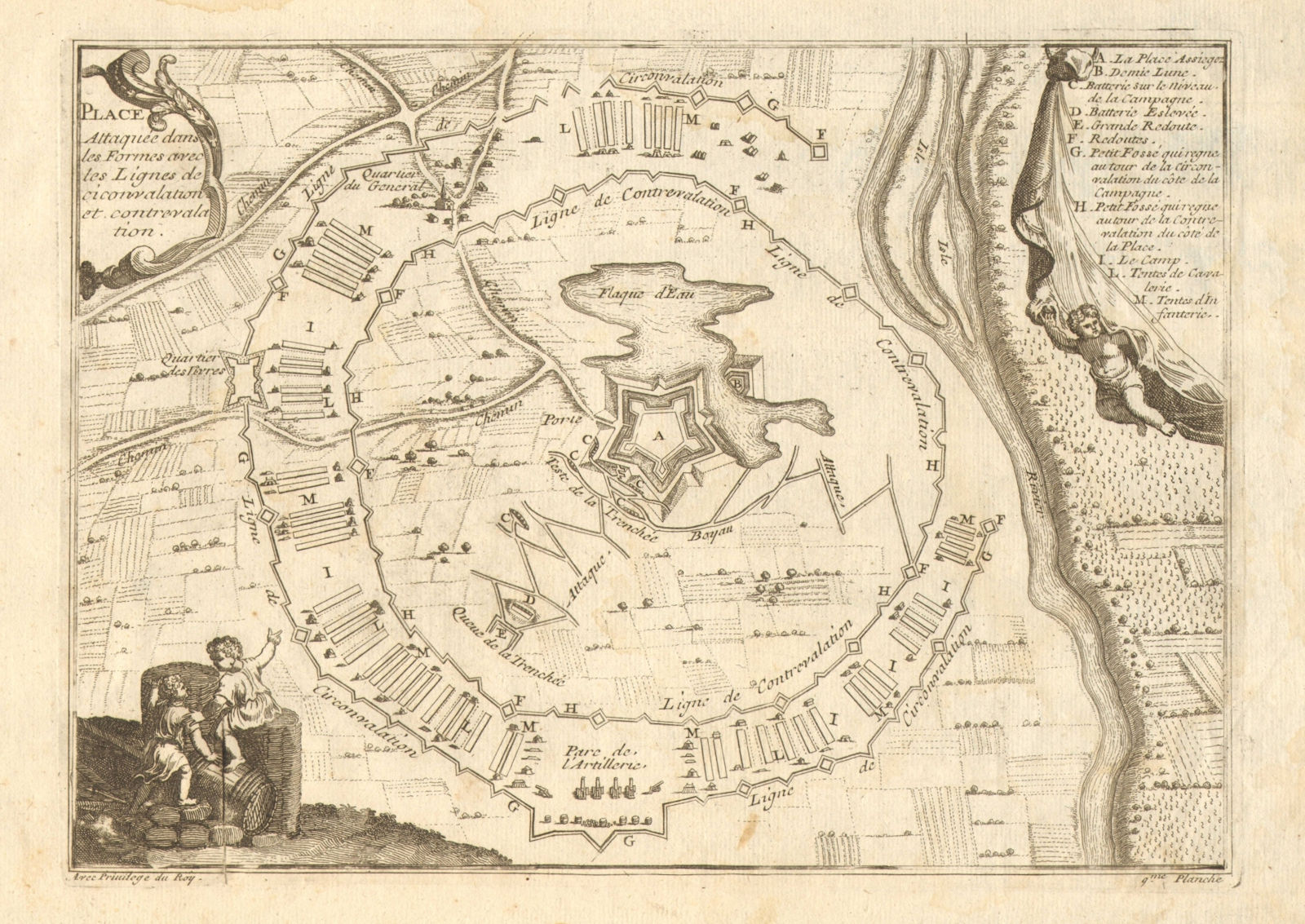 Beseiged fortress with circumvallation & contrevallation lines. DE FER 1705 map